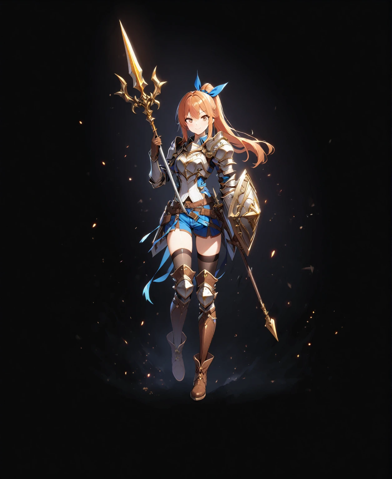 1girl, solo, shield, weapon, thighhighs, polearm, gloves, boots, long-hair, black-background, armor, brown-gloves, ponytail, orange-hair, full-body spear, ribbon, holding, simple-background, holding-weapon, looking-at-viewer, hair-ribbon, black-thighhighs, brown-footwear, smile, brown-eyes, shirt, yellow-eyes, standing, shorts, knee-pads, blue-ribbon, belt, shoulder-armor, white-shirt, vest,
