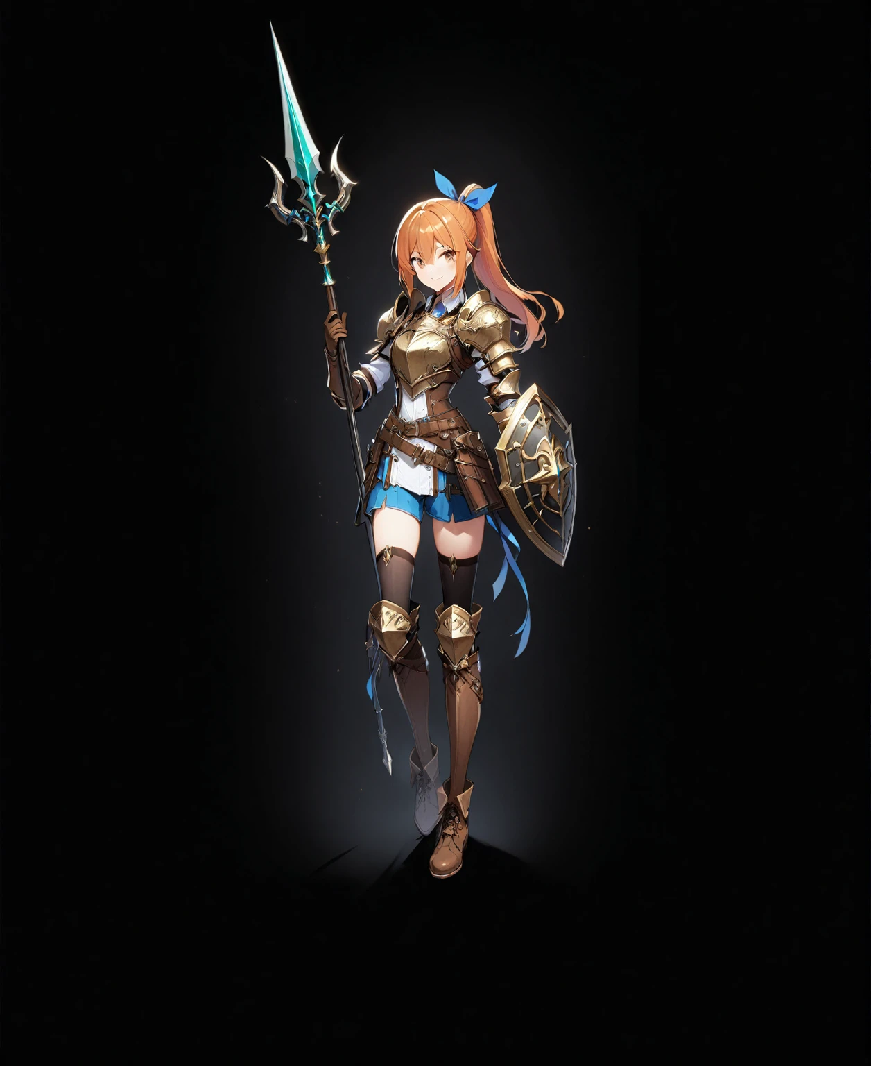 1girl, solo, shield, weapon, thighhighs, polearm, gloves, boots, long-hair, black-background, armor, brown-gloves, ponytail, orange-hair, full-body spear, ribbon, holding, simple-background, holding-weapon, looking-at-viewer, hair-ribbon, black-thighhighs, brown-footwear, smile, brown-eyes, shirt, yellow-eyes, standing, shorts, knee-pads, blue-ribbon, belt, shoulder-armor, white-shirt, vest,
