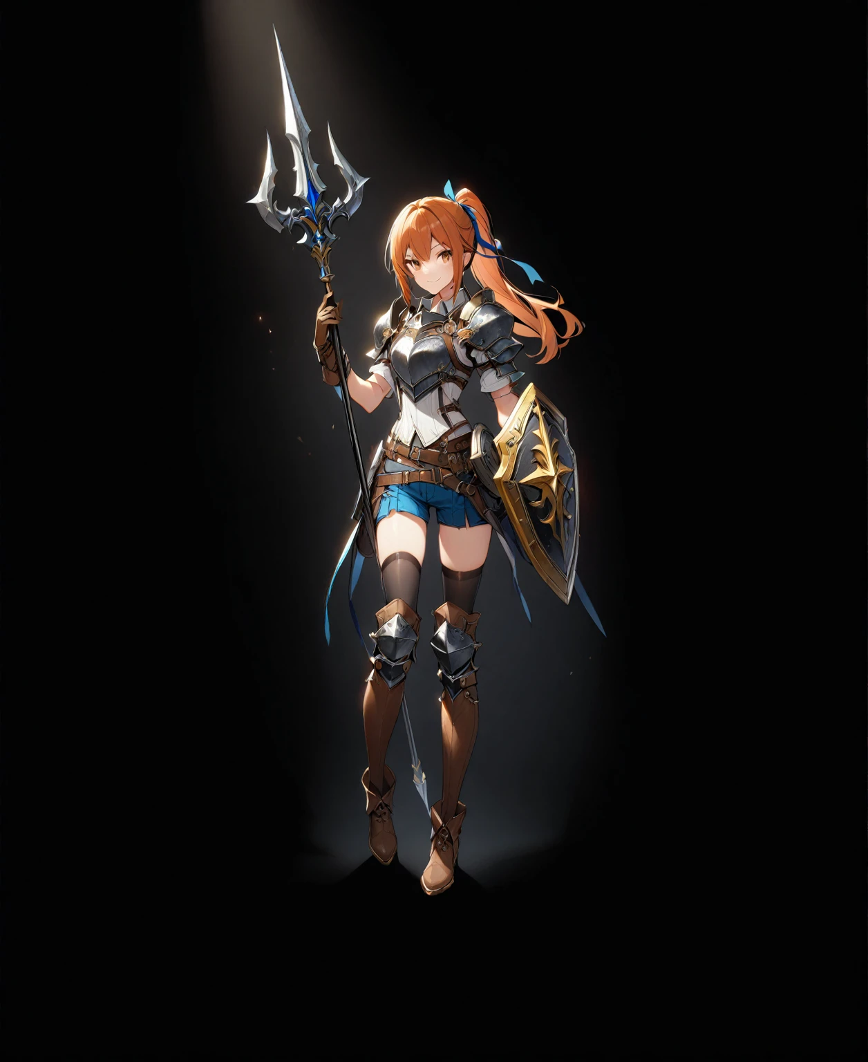 1girl, solo, shield, weapon, thighhighs, polearm, gloves, boots, long-hair, black-background, armor, brown-gloves, ponytail, orange-hair, full-body spear, ribbon, holding, simple-background, holding-weapon, looking-at-viewer, hair-ribbon, black-thighhighs, brown-footwear, smile, brown-eyes, shirt, yellow-eyes, standing, shorts, knee-pads, blue-ribbon, belt, shoulder-armor, white-shirt, vest,
