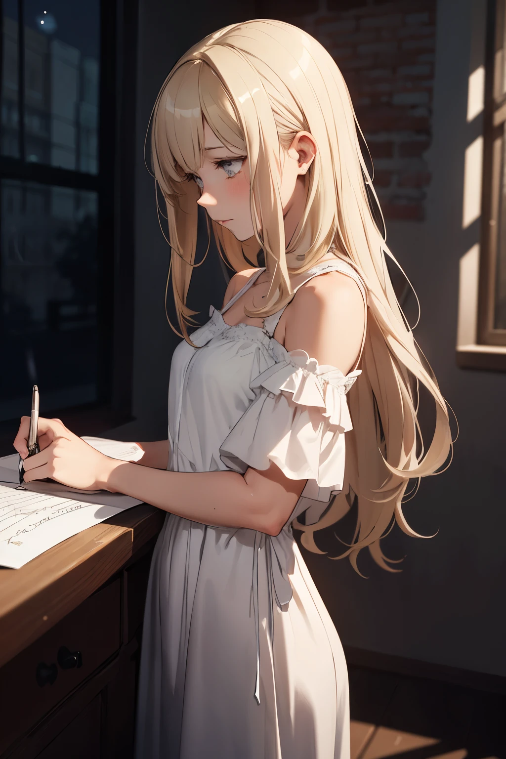 Girl with long dark blonde hair and grey eyes writing poetry in a dark room at night. She is wearing a white long dress and is sad