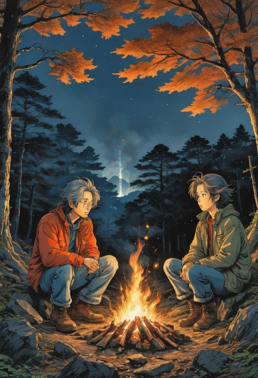 Campfire, by Naoki Urasawa, best quality, masterpiece, very aesthetic, perfect composition, intricate details, ultra-detailed