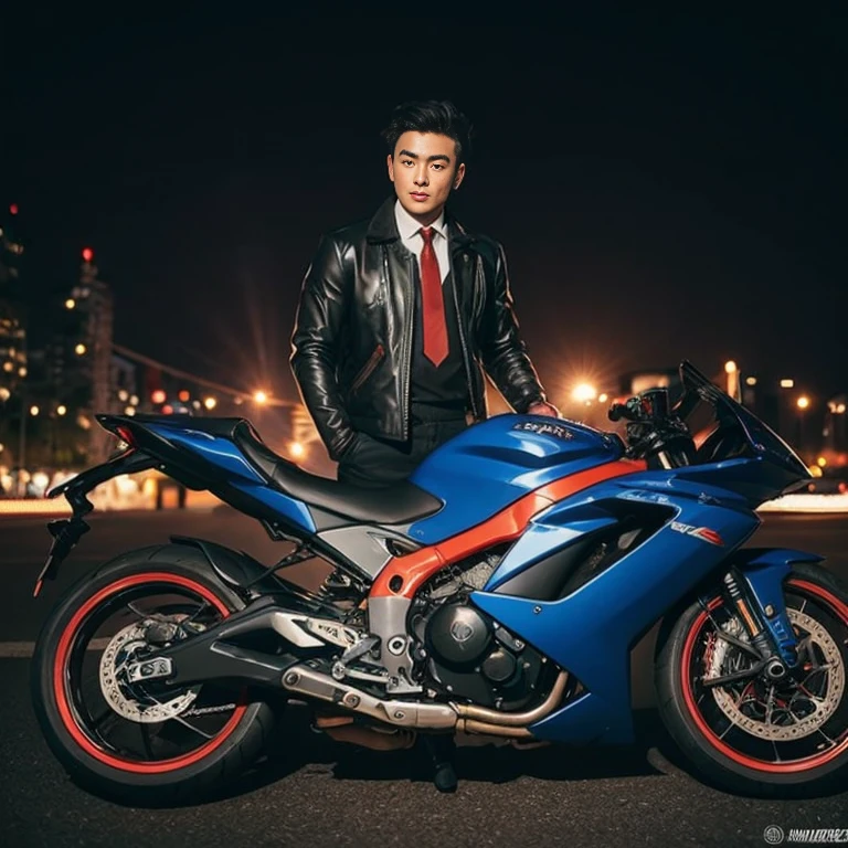 Handsome Asian man with short, cropped hair cut,) Look straight and focus on the face clearly.,) Community in the city at night, Long flowing bodysuit, modern tight leather and red tie.,Blue,black,) There was a beautiful and modern big-blade motorcycle next to it.,) Exaggerated colors cool action poses,) 8K images, Shot with a high quality camera with 45000000000 pixels.