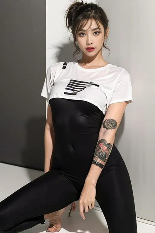 a sexy Girl, beautidful eyes,Red-faced,The lips are slightly open,sexy shirt, tight pants,Camel toes,The lines between the thighs are detailed,black bob cut hair, ponytail,obi strip,Tattooed with,Maximum clarity and sharpness