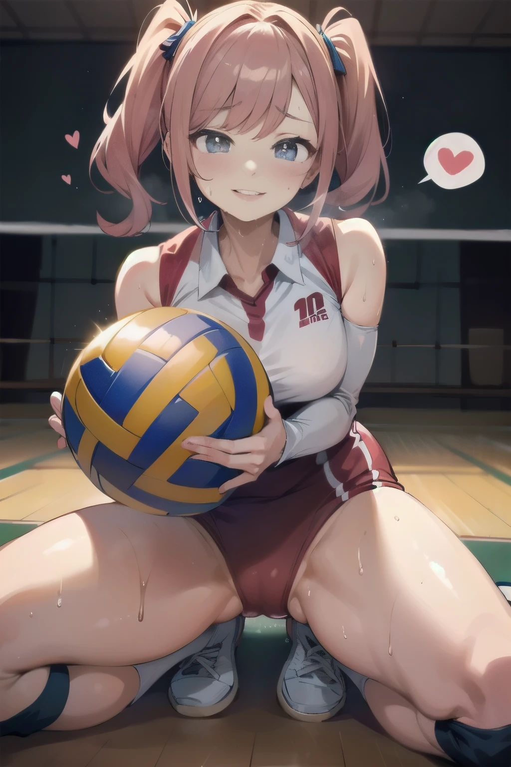 unity 8k wallpaper, anatomically correct, (((masterpiece))), (((best quality))), (((ultra detailed))), (((high-resolution))), ((Ultimate cutie)), perfect hands, perfect finger, (((good anatomy))), detailed beautiful face, shiny hair, (((gyaru))), (potbelly), (curvy), medium breasts, ((Thick thighs)), (((solo))), ((seductive smile)), (((blush))), ((embarrassed expression)), (Eyes are heart marks), (heart shaped pupils), ((trembling)),
BREAK, (((sit astride the perfectly spherical shape 6-inch volleyball))), (((Straddling a perfectly spherical 6" volleyball))), (((Perfectly spherical 6" volleyball fits perfectly crotch))), BREAK, (((Rub the Perfectly spherical 6" volleyball against crotch))), (masturbation),
BREAK, adidas, (Collared volleyball uniforms), sleeveless, ((buruma)), ((kneepad)), ((pussy juice stained)), (elbow pad), (((sweat))), (((covered in sweat))), ((deep breathing)), in Volleyball Court, indoor, lighting, looking at viewer, full body, (spoken heart)