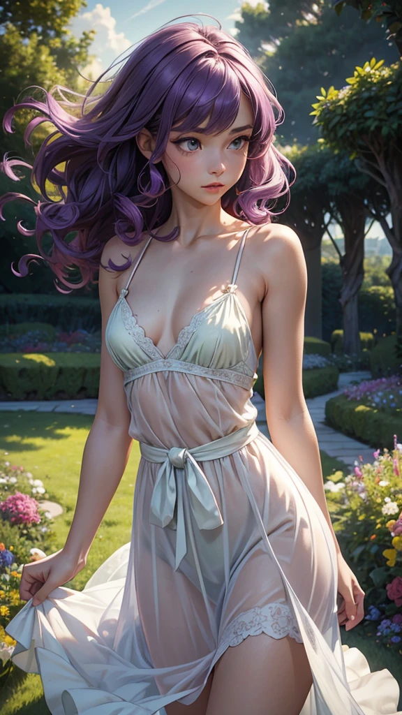 (masterpiece), (best quality), (detailed), light layer, 1solo girl, young girl, perfect body, purple hair in curls, defined large chest, small waist,defined collarbone, ultra realistic, photorealistic, detailed, ,Enhance, wearing a light green sundress, garden background, dusk skies, wind blowing in hair and dress 