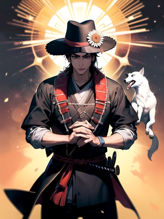 ((mejor calidad)), ((Obra maestra)), (detallado) ,dos perros, padre hijo, posando pa la foto con sombreros samurai, Our lives are brighter, hecho completo, lindo, vistoso, sobresaturado, realista,lindo,