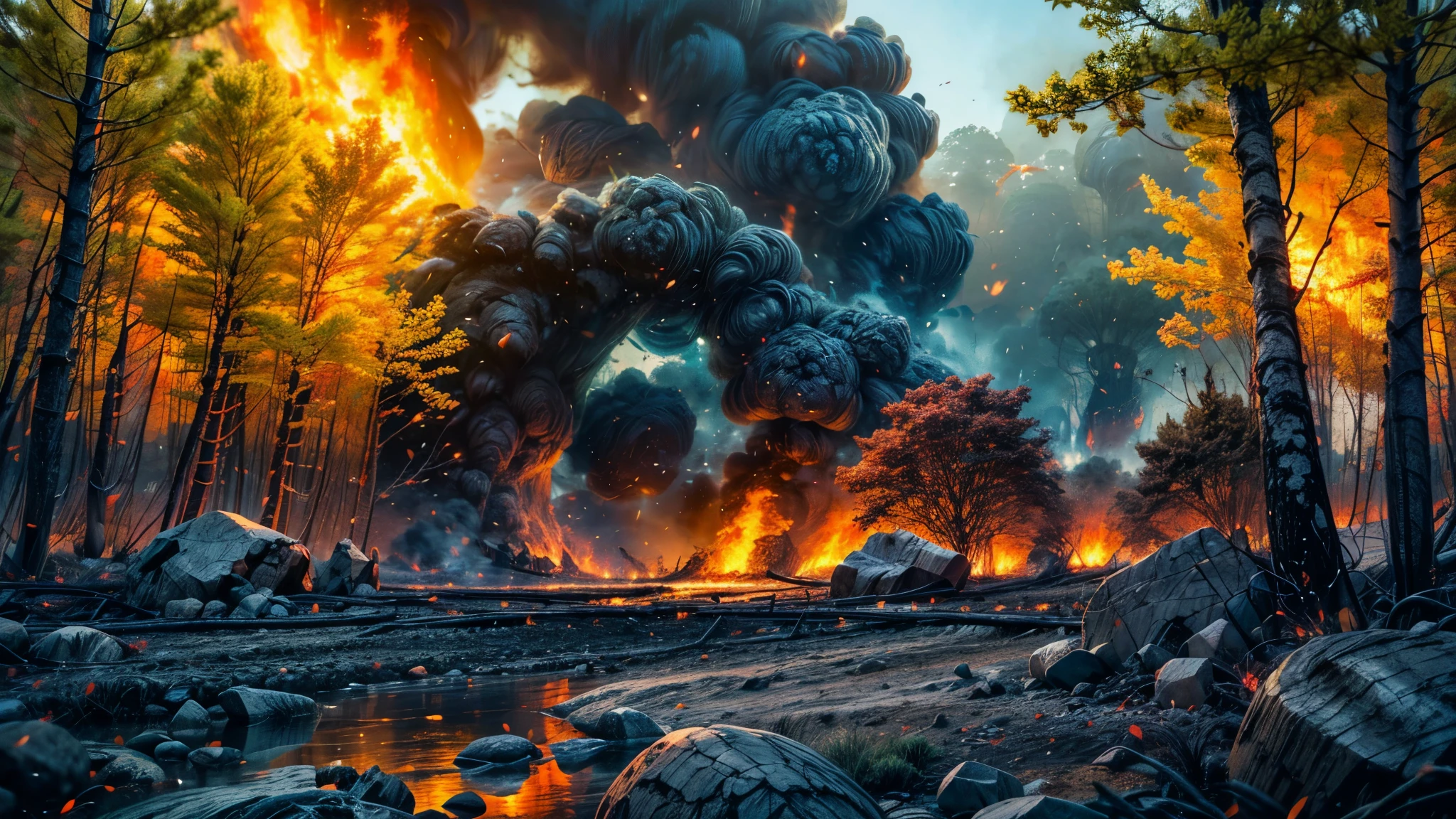  Visualize a vast, open plain stretching out in the foreground, The plain is untouched and serene, a stark contrast to the chaos unfolding in the background. There, a dense forest is ablaze, the flames reaching up to the sky, painting it with hues of orange and red, The fire is fierce, consuming the once lush greenery with an unquenchable thirst, Despite the distance, the heat of the forest fire can be felt on the plain, The scene is a powerful display of natures fury and tranquility co-existing side by side, wide shot, from side, 4K, HD, highres, best quality, award winning, super detail, masterpiece