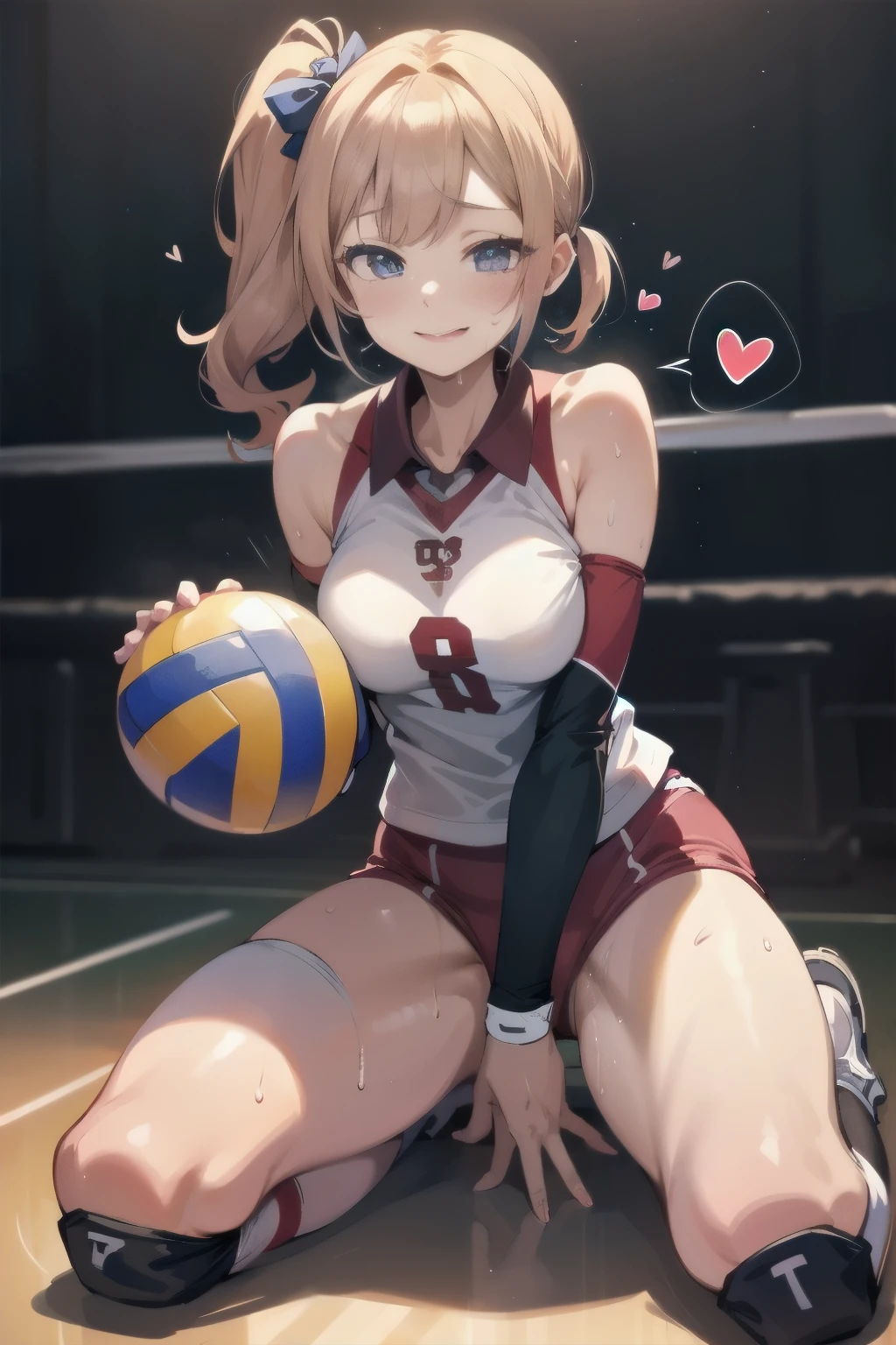 unity 8k wallpaper, anatomically correct, (((masterpiece))), (((best quality))), (((ultra detailed))), (((high-resolution))), ((Ultimate cutie)), perfect hands, perfect finger, (((good anatomy))), detailed beautiful face, shiny hair, (((gyaru))), (potbelly), (curvy), medium breasts, ((Thick thighs)), (((solo))), ((seductive smile)), (((blush))), ((embarrassed expression)), (Eyes are heart marks), (heart shaped pupils), ((trembling)),
BREAK, (((sit astride the perfectly spherical shape 6-inch volleyball))), (((Straddling a perfectly spherical 6" volleyball))), (((Perfectly spherical 6" volleyball fits perfectly crotch))), BREAK, (((Rub the Perfectly spherical 6" volleyball against crotch))), (masturbation),
BREAK, adidas, (Collared volleyball uniforms), sleeveless, ((buruma)), ((kneepad)), ((pussy juice stained)), (elbow pad), (((sweat))), (((covered in sweat))), ((deep breathing)), in Volleyball Court, indoor, lighting, looking at viewer, full body, (spoken heart)