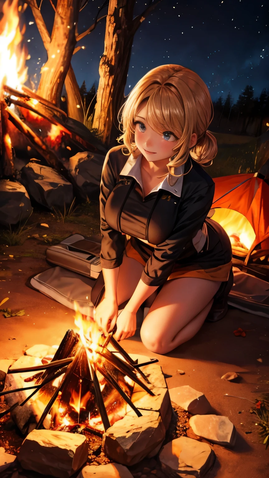 (Campfire:1.3),Beautiful girl busty camper having a campfire