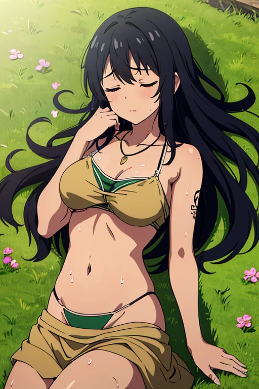 (detailed background), (masterpiece), (4k), (best quality), brown skinned anime girl, dressed in a cute bikini top and flowy skirt, curled up in a peaceful slumber on a grassy hill, (her hand pressed against her stomach in discomfort), (long black hair), (necklace), (wet sweaty body), (hands resting on stomach), (shoulder tattooed)