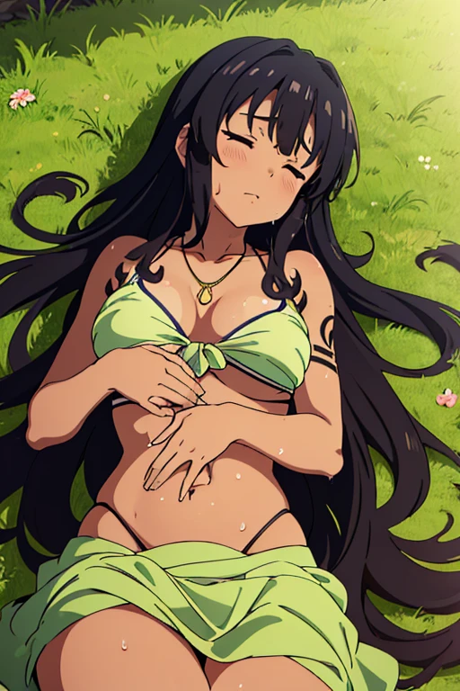 (detailed background), (masterpiece), (4k), (best quality), brown skinned anime girl, dressed in a cute bikini top and flowy skirt, curled up in a peaceful slumber on a grassy hill, (her hand pressed against her stomach in discomfort), (long black hair), (necklace), (wet sweaty body), (hands resting on stomach), (shoulder tattooed)