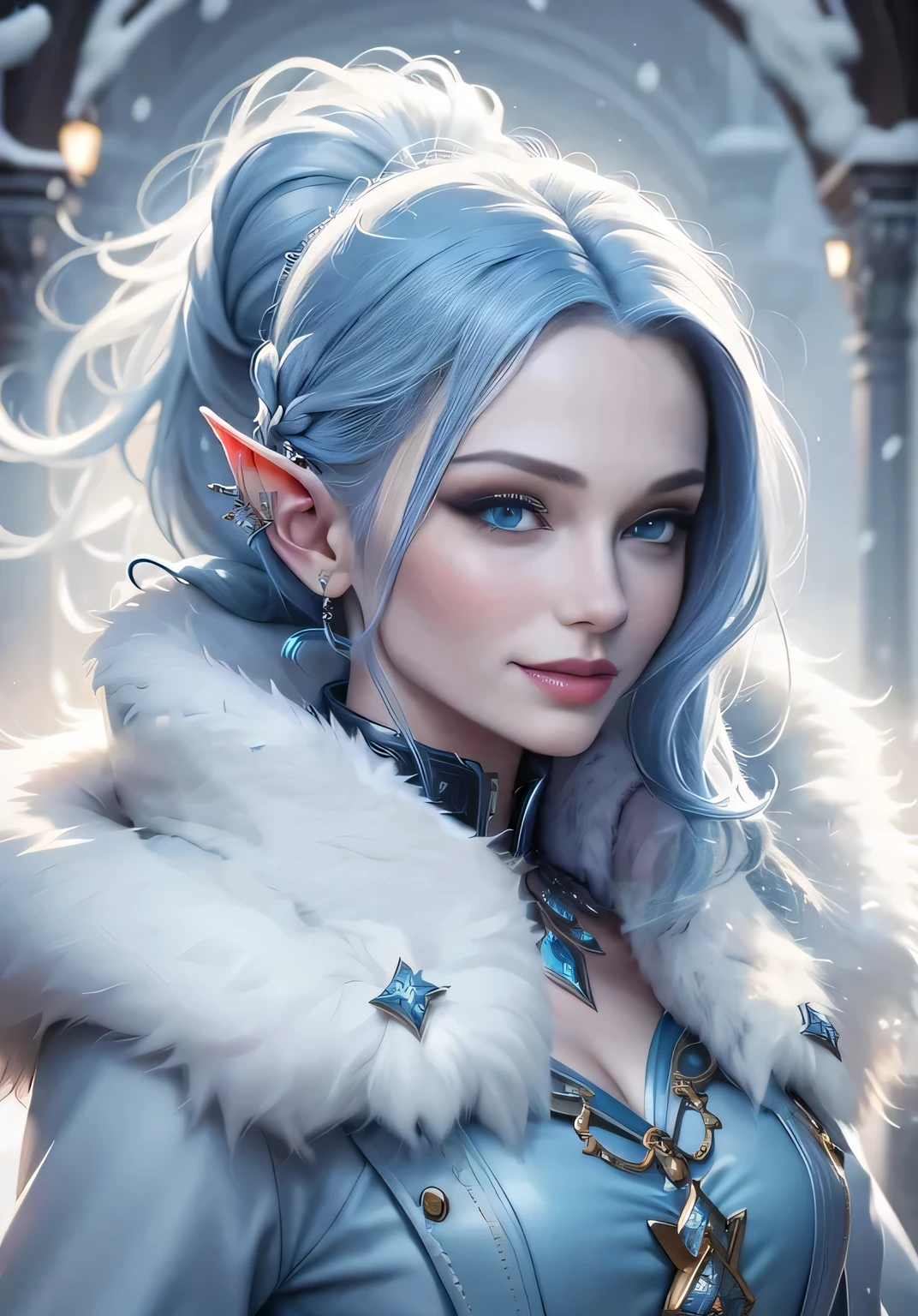photorealistic, a high resolution, (((1 beautiful women))), snow elf, icy lips, full length, blue face, fur coat with collar, smiling, slim