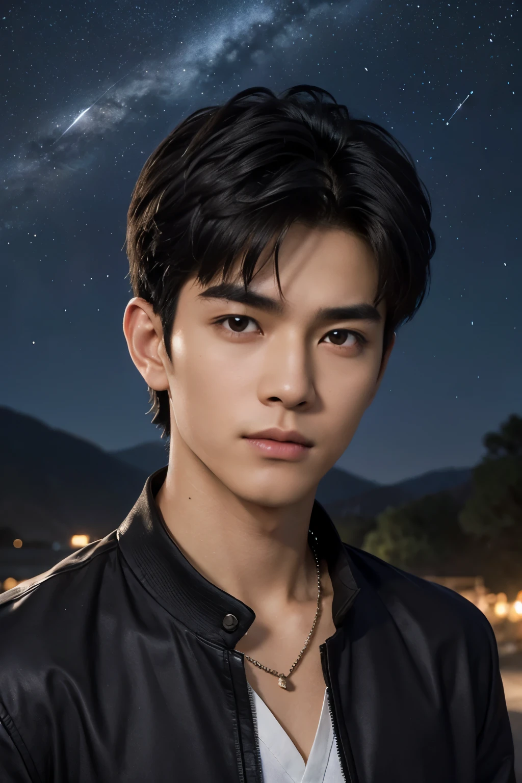 (photorealistic, masterpiece, 8K HD, good lighting quality, portrait, closing up on face, intricate details, dim lighting), a handsome young vietnamese man, 25 years old, sharp gaze, confident, soft smirk, detailed face, detailed eyes, looking at the sky, wearing short-sleeved jacket over shirt, casual wear, necklace, dark brown eyes, (tanned skin), lean physique, black hair, smooth hair, hair bangs, short hair, straight hair, outdoors, dawn, stars, constellation, cosmical, dreamy world, surrealism, ethereal