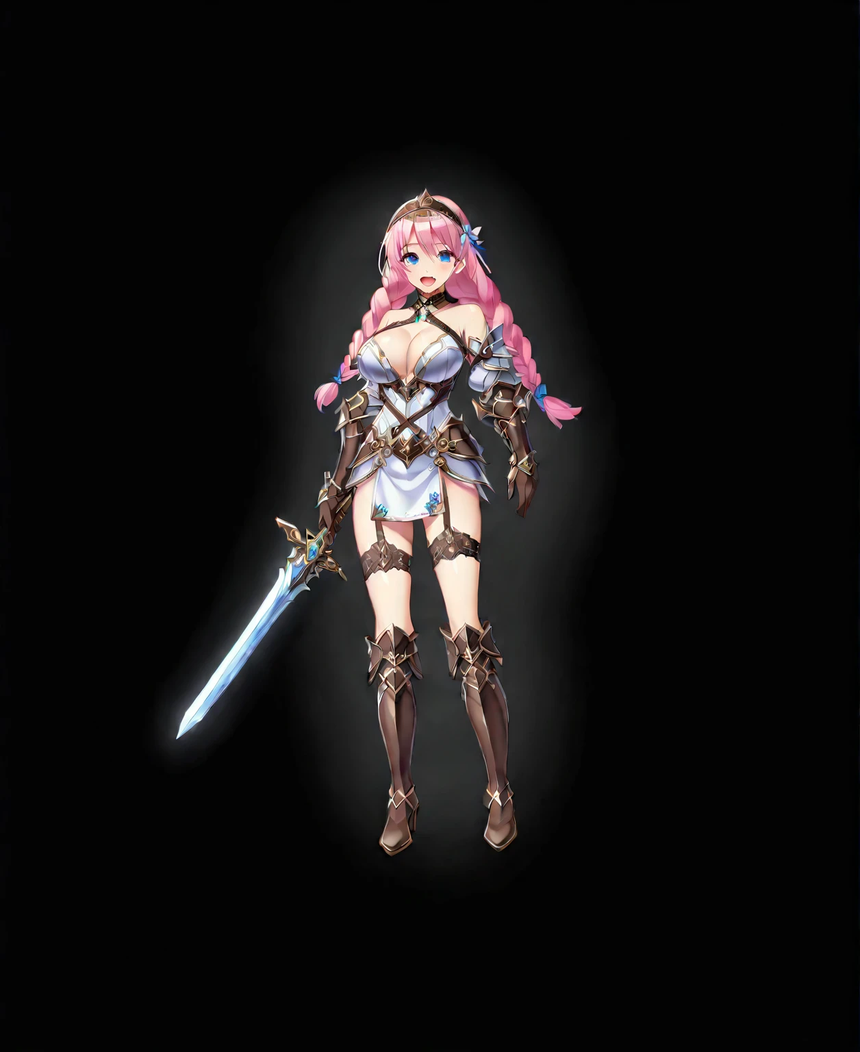 1girl weapon solo sword blue-eyes long-hair braid boots shield pink-hair breasts twin-braids smile open-mouth cleavage black-background choker large-breasts full-body bare-shoulders looking-at-viewer simple-background hairband blush armor gloves dress :d knee-boots medium-breasts standing thigh-strap holding holding-weapon
