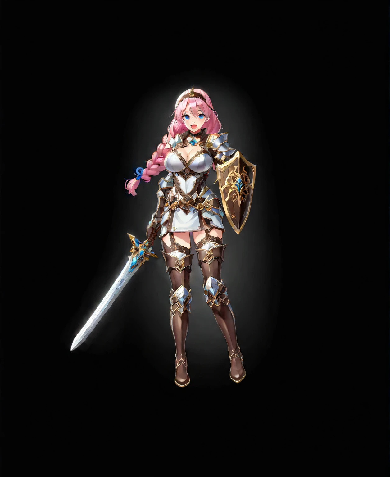 1girl weapon solo sword blue-eyes long-hair braid boots shield pink-hair breasts twin-braids smile open-mouth cleavage black-background choker large-breasts full-body bare-shoulders looking-at-viewer simple-background hairband blush armor gloves dress :d knee-boots medium-breasts standing thigh-strap holding holding-weapon