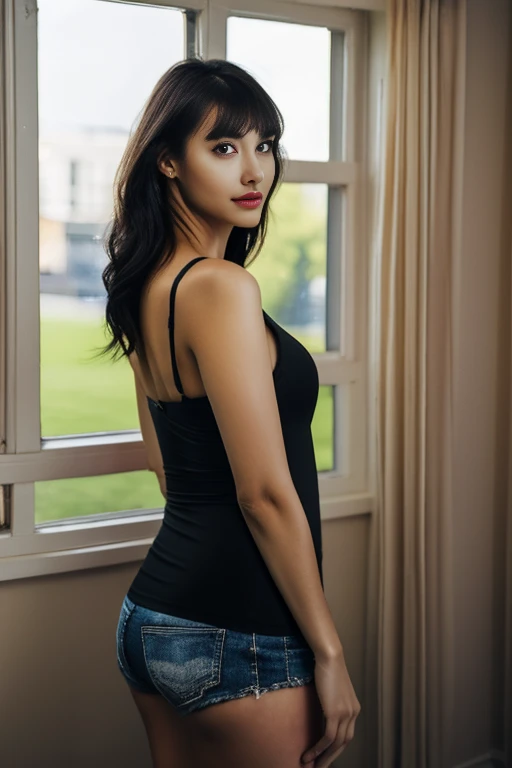 Masterpiece, 1 Beautiful Girl, Detailed Eyes,  Top Quality, Ultra High Resolution, (Reality: 1.4), Original Photo, 1Girl,  Lighting , Very Beautiful, Beautiful Skin, Slender, Body Facing Front, ( Realistic), (High Resolution), (8 K), (very detailed) , looking at viewer, facing straight ahead,  sleeveless, short hair, black hair,  bangs, white background, neat room, damp, cleavage , nice curvy body, glamorous body