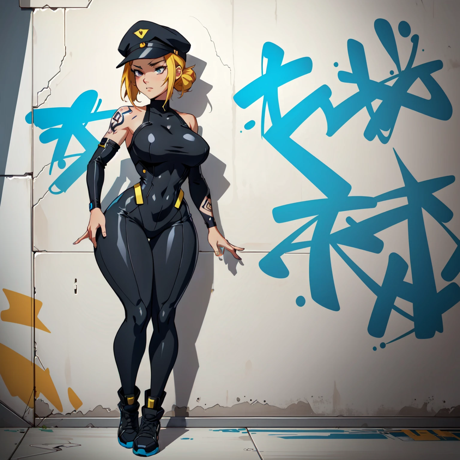 anime style, graffiti woman, graffiti on the wall, she is seminude against the wall, looking down shy, side cap, bright colors, good figure, good curves, highest quality tattoos, ultra detailed, tattooed breasts, 8K, full body