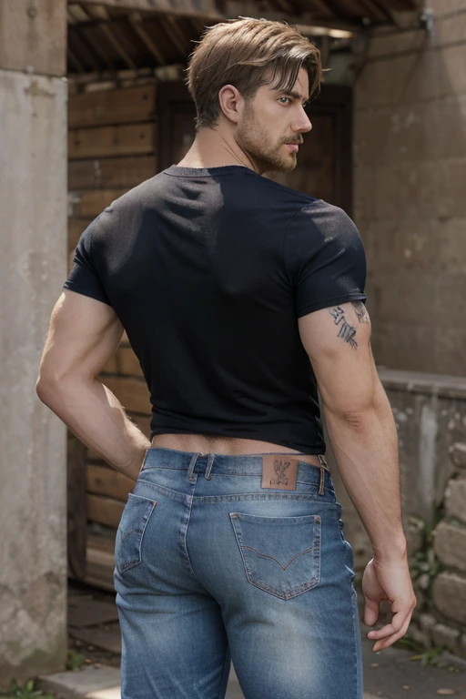 zeke_jaeger, Camiseta sin mangas, Calle, pecho peludo, ultra realista, brazos cruzados sobre el pecho, Brazos velludos, Vista frontal,  sudor, tatuajes, cuerpo completo, musculoso y nalgon, jeans backside 