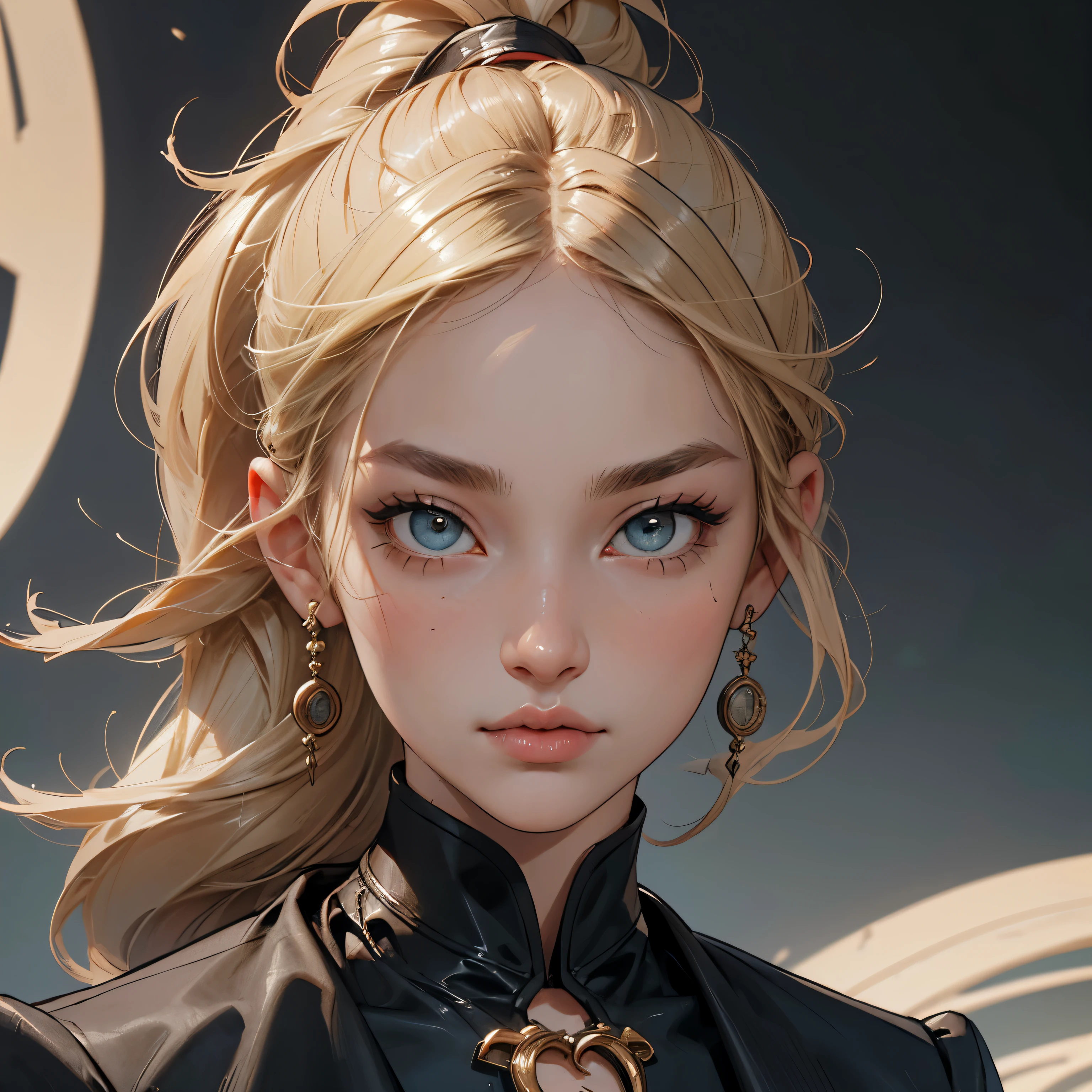 portrait close up,(Best Quality, Masterpiece), 1girl, black fashionable clothes, Gucci, Model, Small details on the face, elegant, moda, cinema light, light eyes, Black Designer Clothing, neutral colors, blond hair, Indirect light, hairlong, Hair gathered in a ponytail, closed neckline (hair light), love background