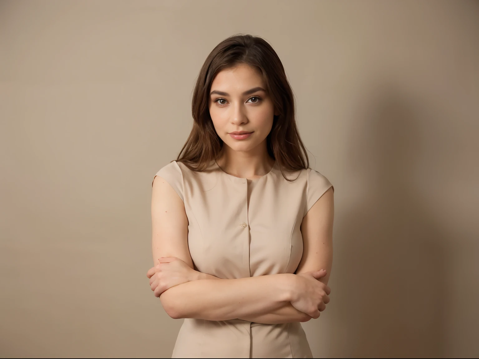 Make an old lady, velha, bonita e bem vestida com roupa corporativa executiva, dona de uma empresa, terno feminino, with a solid beige background, with a confident face with arms crossed