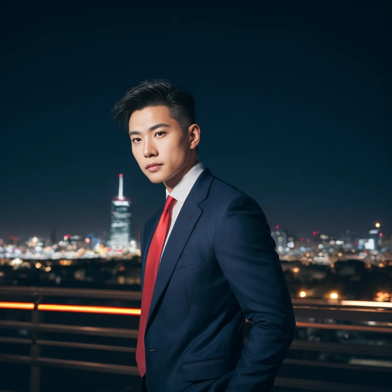Handsome Asian man with short, cropped hair cut,) Look straight and focus on the face clearly.,) Community in the city at night, A modern outfit of old ripped jeans and a red tie.,Blue,black,) Exaggerated colors cool action poses,) 8K images, Shot with a high quality camera with 45000000000 pixels.