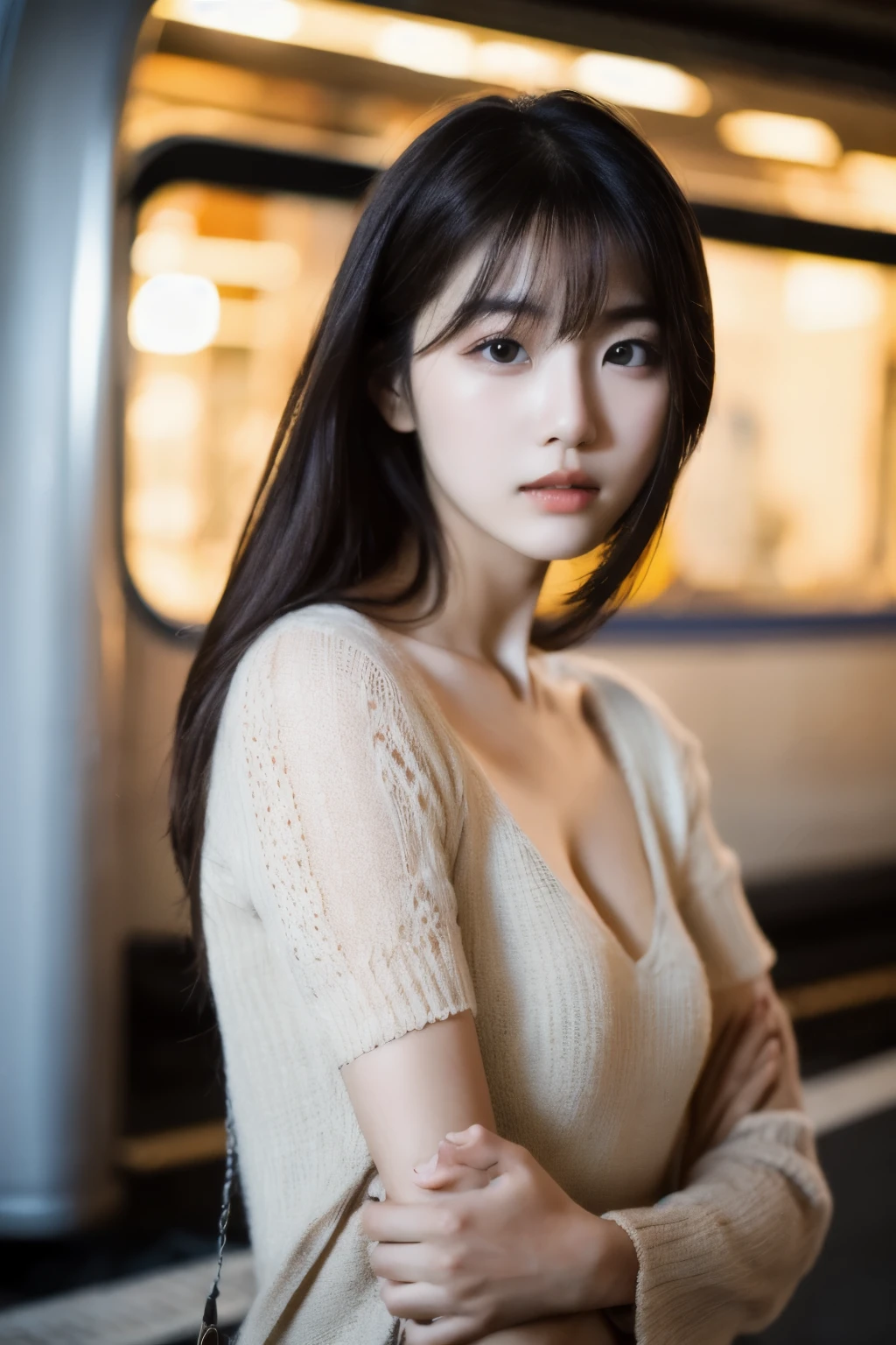 Cinematic photo of beautiful Korean fashion model with bokeh train
