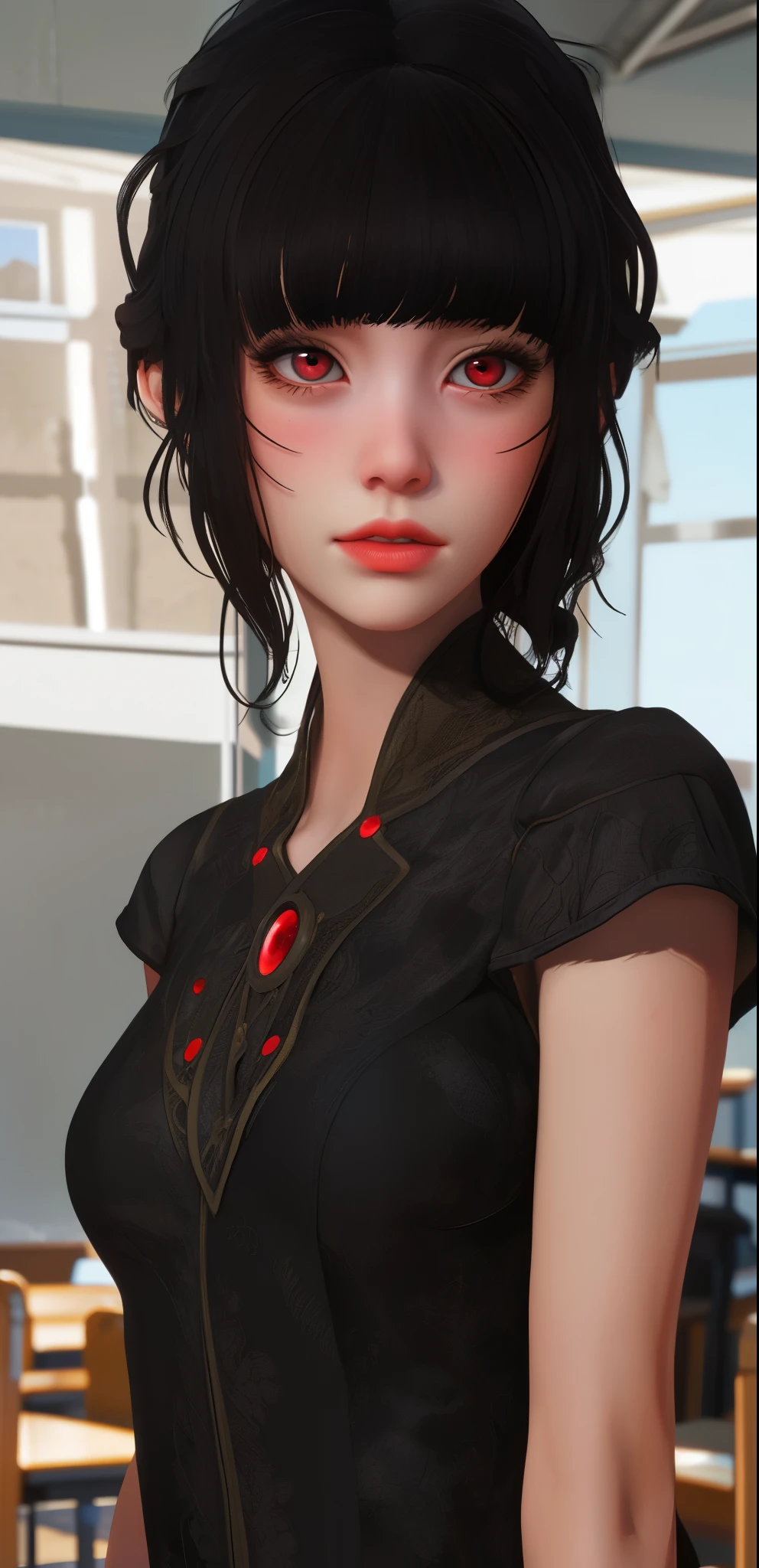 ((masterpiece, best quality)), (1girl), (solo), (female focus), Luna,(very detailed face, real image, realistic skin, realistic body, intricate details), upper body, red eyes, black hair, blunt bangs, small breasts, classroom, Blur background