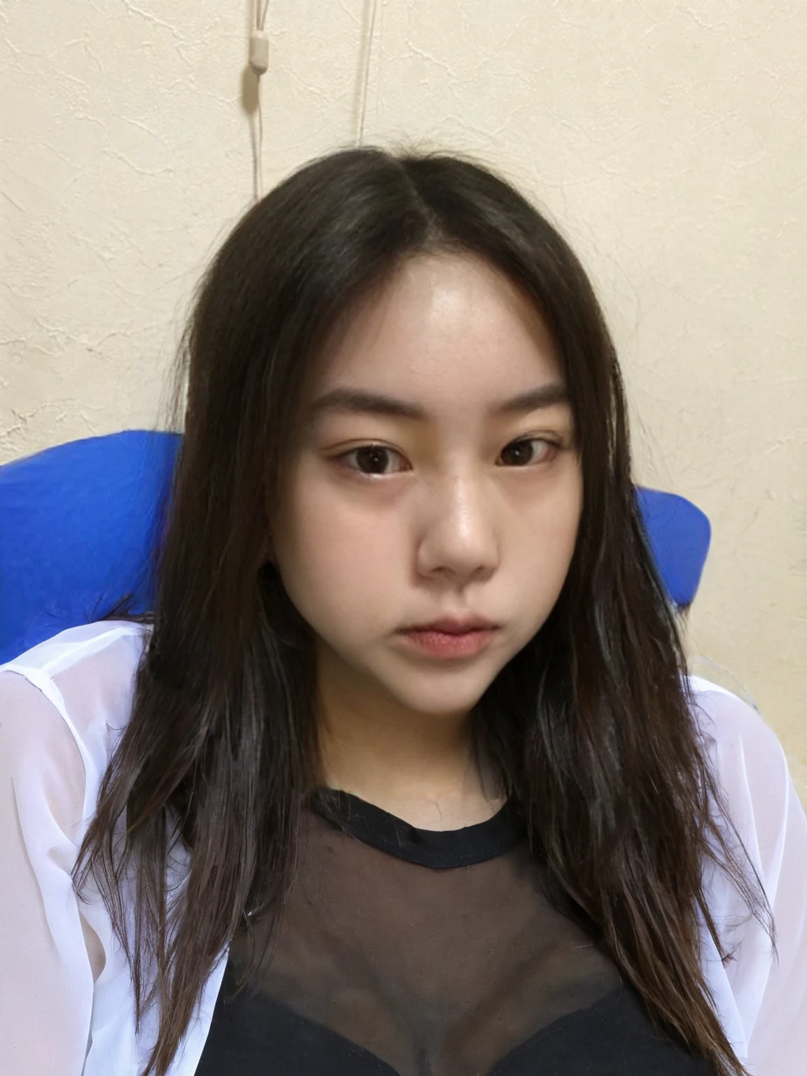 White sheer shirt,Sleepy face