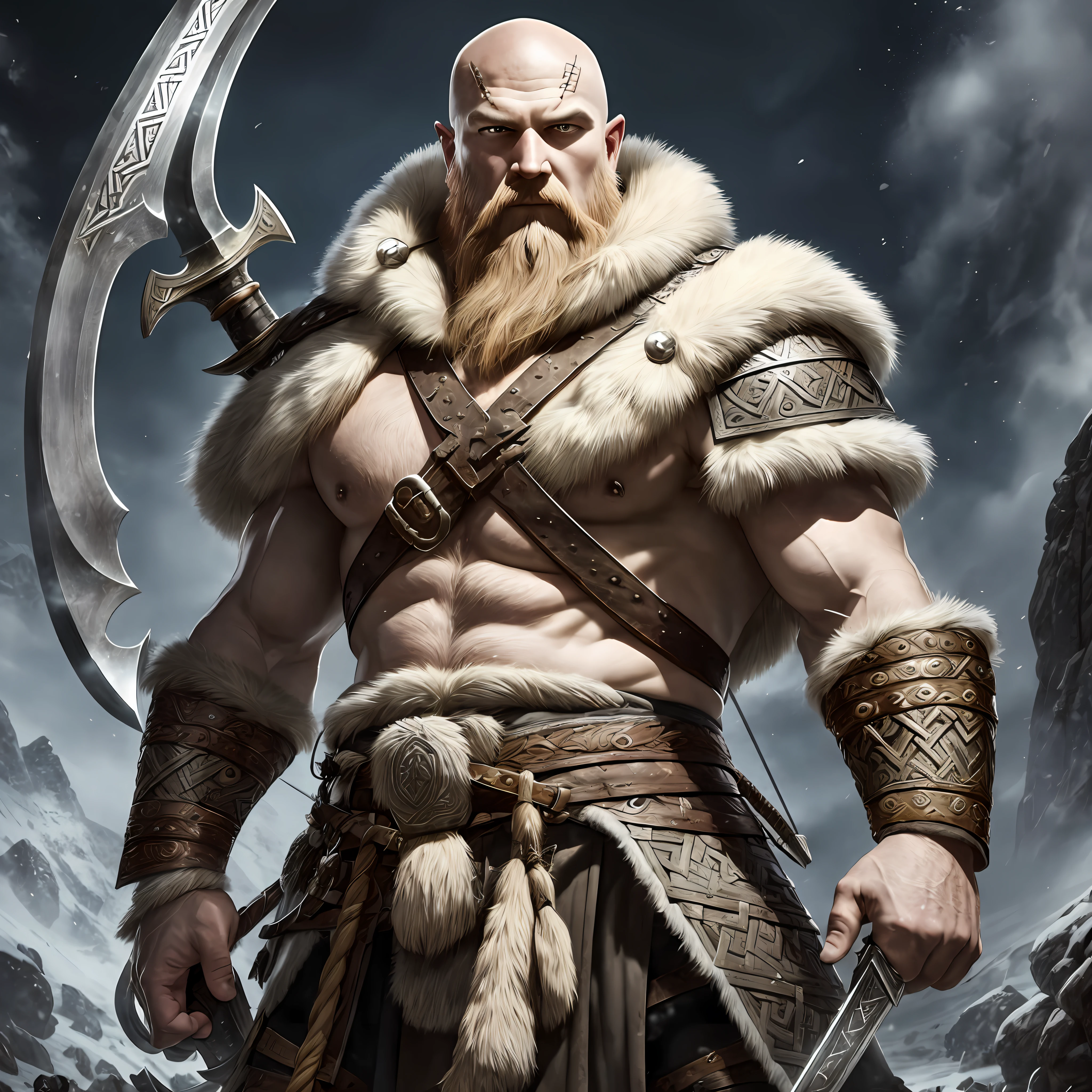 uma pessoa careca com uma espada, casaco de pele, has an ax in his hand, barbarian warrior, barbarian, Viking, nordic warrior, epic fantasy character art, barbarian class, epic Viking king, escandinavo / norse influenced, Viking berserker, Viking warrior, male barbarian, Viking and templar aesthetics, ancient Viking warrior, Viking god, Viking king, um guerreiro de fantasia --auto --s2