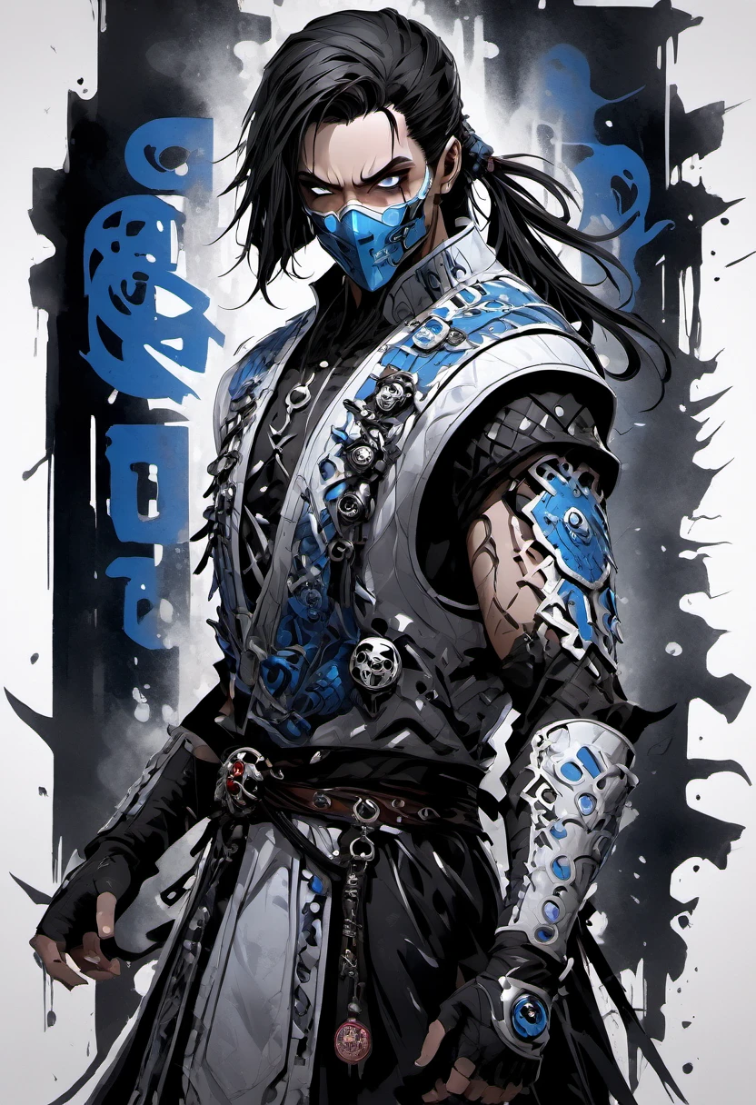 Sub Zero from Mortal Kombat, skull face, cold white dull lifeless eyes, very scary character, close-up, ink artistic conception, with typography elements, abstract, complementary colors, mosaic of characters, wallpaper style, simplicity, Chinese painting, white background