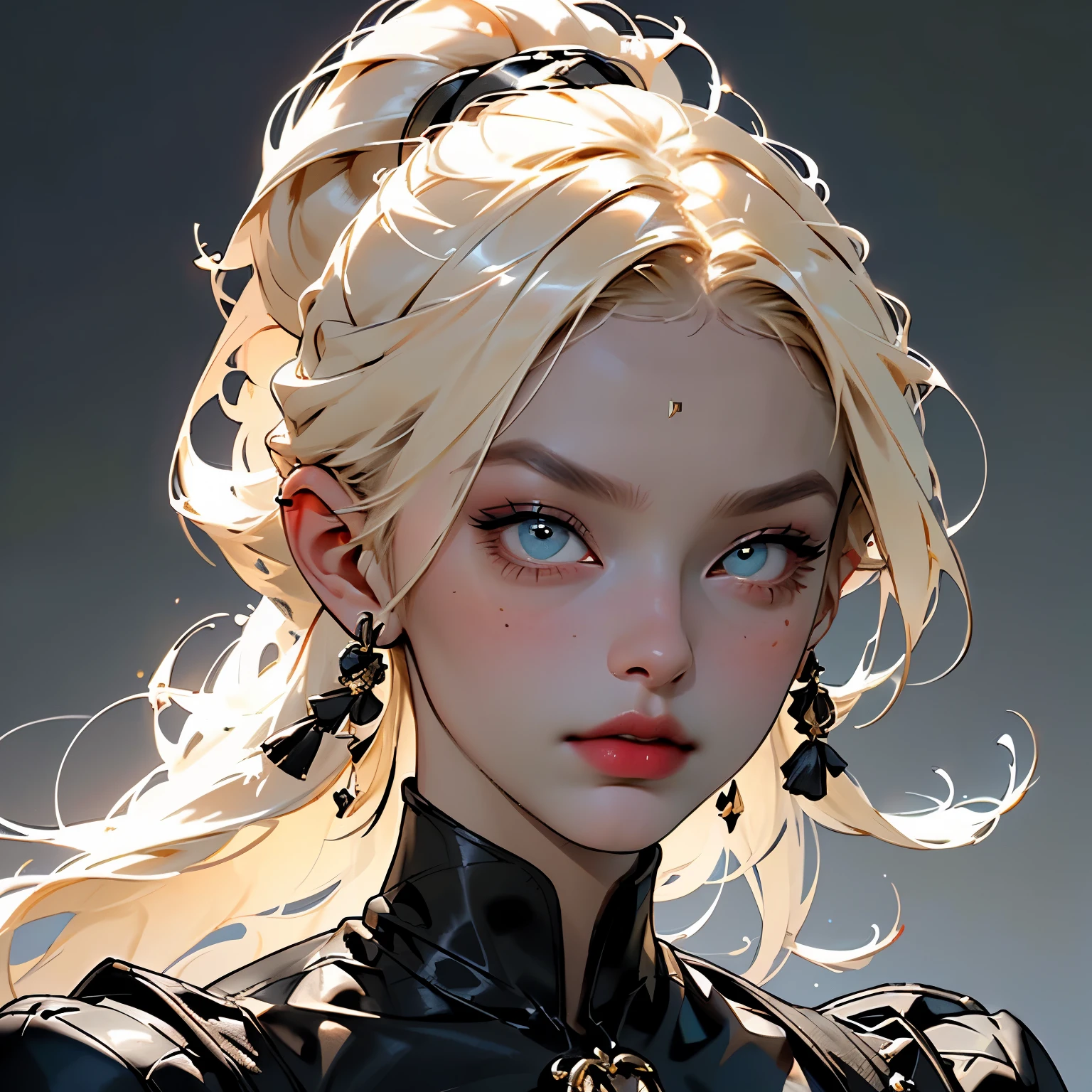 (Best Quality, Masterpiece), 1girl, black fashionable clothes, Gucci, Model, Small details on the face, elegant, moda, cinema light, light eyes, Black Designer Clothing, neutral colors, blond hair, Indirect light, hairlong, Hair gathered in a ponytail, closed neckline (hair light)