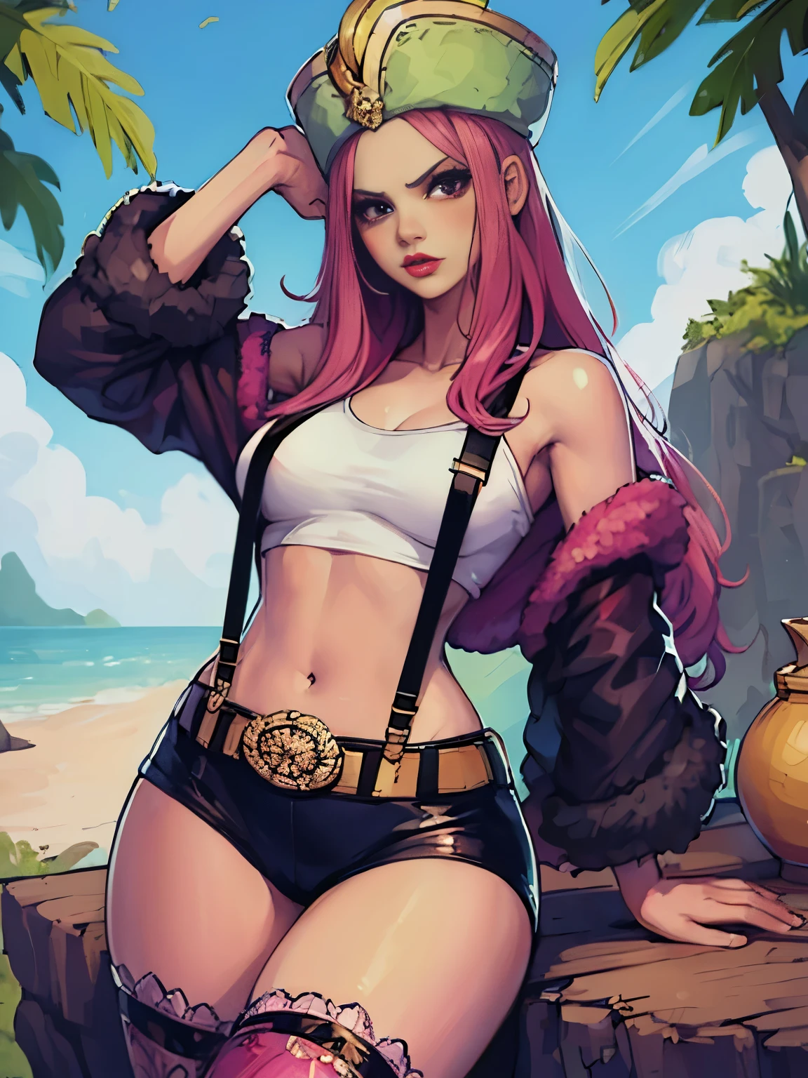 A SEXY GIRL IN A PROVOCATIVE POSE, CUTE SEMI-NAKED GIRL, ((top-quality, 8K, masterpiece:1.3)), A detailed eye, (looking at from the front), Look at the camera, JewelryBonneyV2, half body shot, 1girl, solo, cute asian face, long hair, pink hair, hat, ((slim girl, small breasts, hyperdetailed lips)), red lips, (thighhighs, shorts, suspenders, boots, purple eyes), navel, midriff, crop top, belt, suspender shorts, complex detailed background, barren land, rocks, ocean, nature environment, contrapposto, nervous, blushing,