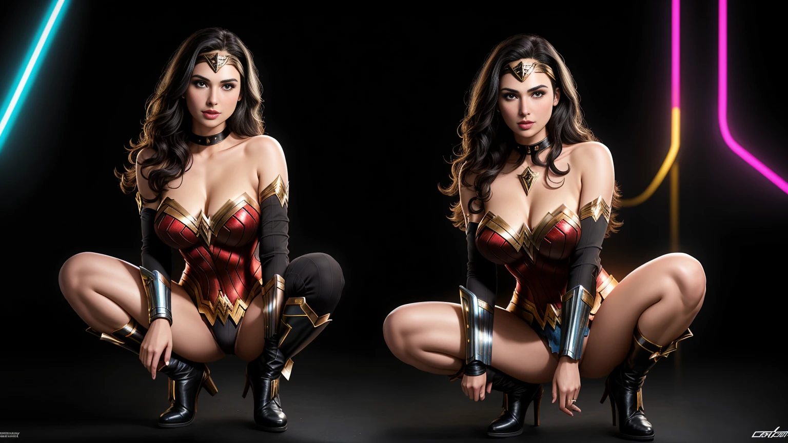 there  IS GAL GADOT AS WONDER WOMAN squatting, long hair, 3 d neon art of a womans body, neon-noir background, cyberpunk femme fatale, seductive cyberpunk dark fantasy, cyberpunk strip clubs, cyberpunk 20 y. o model girl, oppai cyberpunk, banner, high definition cgsociety, cgsociety masterpiece, trending on cgstation, kda, random hair, looking at camera, gigantic breasts, cleavage, (high detailed skin:1.2), 8k uhd, dslr, super lighting, high quality, film grain, high res, highly detailed, hyper realistic, beautiful face, beautiful body, beautiful eyes nose lips, alluring expression, very bold, upper  visible, full body photo, standing legs apart, pale translucent glowing skin, most beautiful face, cute, (well defined pubic hair:1.2)), (dark plain black background:1.4))