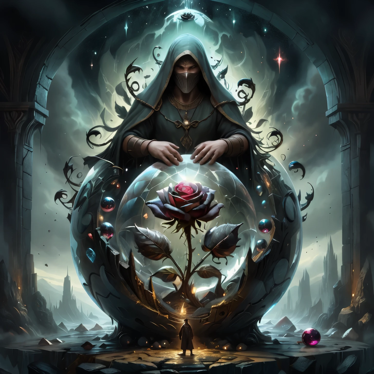 there is a woman holding a rose in a ball with a dark background, symmetrical epic fantasy art, dark fantasy style art, dan mumford tom bagshaw, in style of dark fantasy art, fantasy dark art, in the art style of mohrbacher, peter mohrbacher and dan mumford, an ominous fantasy illustration, detailed digital 2d fantasy art