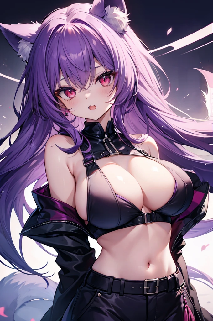 Fox Girl, Large Breasts, Voluminous purple hair, masterpiece , Red eyes, hd, Head to Chest, buried in my chest、Underboob、Double teeth、tooth、Crop tops