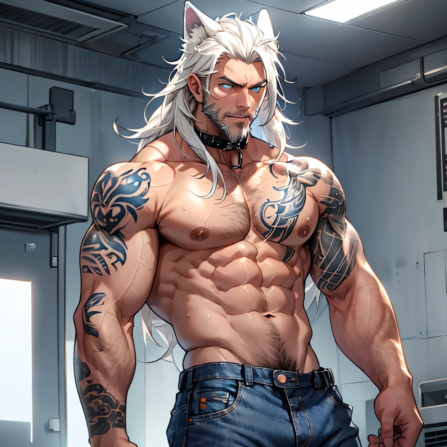 a muscular himbo with a short gruffy beard and long white hair, has white wolf ears and isnt wearing a shirt, wearing blue denim jeans, solo, alone, (SOLO)(ALONE) 1 male, has glowing blue eyes, shirtless, no shirt, showing abs, sweaty, has long locks, wearing collar, innocent, stupid looking, has mutli colored yakuza tattoos
