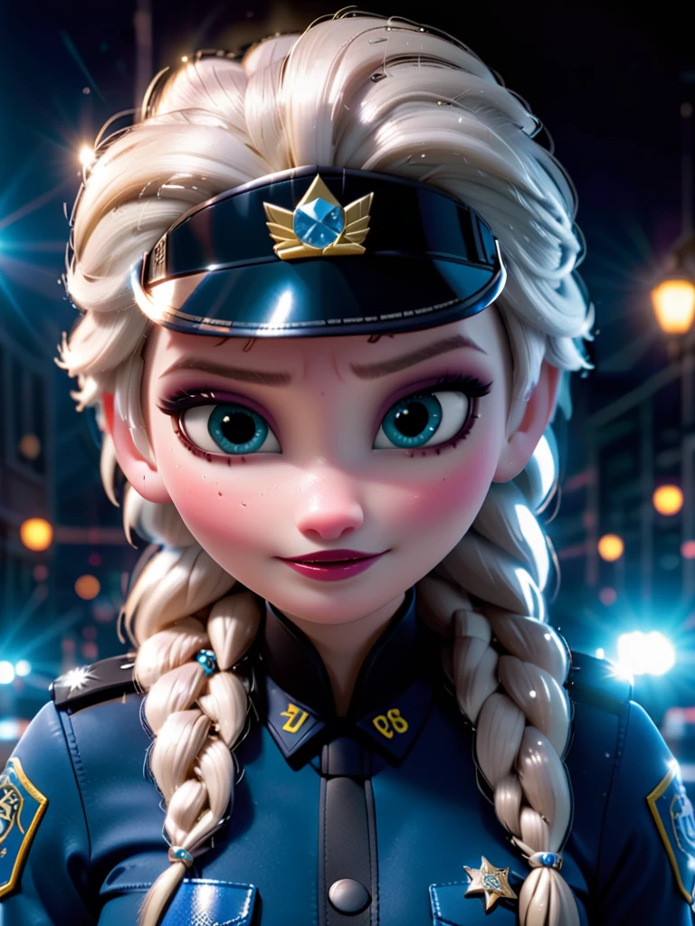 elsa cinematic photo, uniforme de policia. 35mm photography, Movie, bokeh, profesional, 4k, Muy detallado