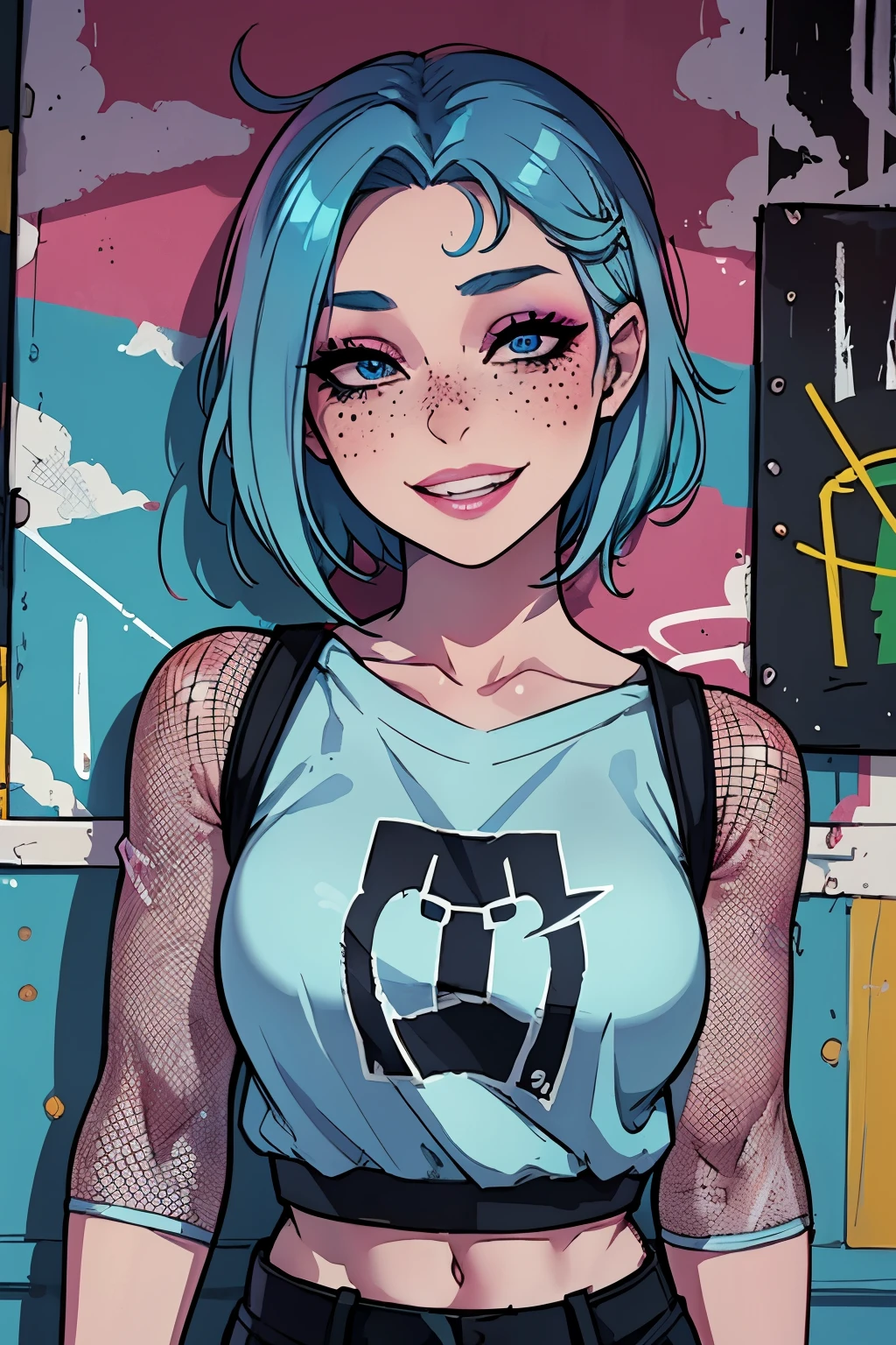 Masterpiece, best quality, 23 years old, college student, centered in frame, portrait, female, tattoos, super pale skin, friendly expression, laughing, pink lips, short light pastel blue hair, city landscape, graffiti, blue eyes, wears bright makeup,black freckles, beautiful, grunge, alt-girl, fishnet shirt, eyeshadow