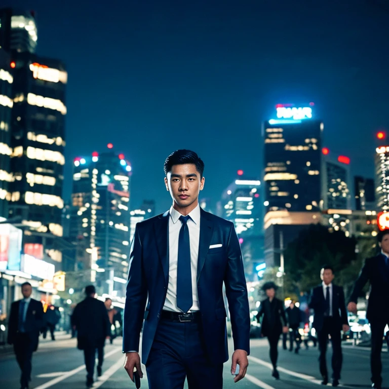 Handsome Asian man with short, cropped hair cut,) Look straight and focus on the face clearly.,) Community in the city at night, Wearing a leather suit and a bright tie.,Blue,black,)  Exaggerated colors cool action poses,) 8K images, Shot with a high quality camera with 45000000000 pixels.