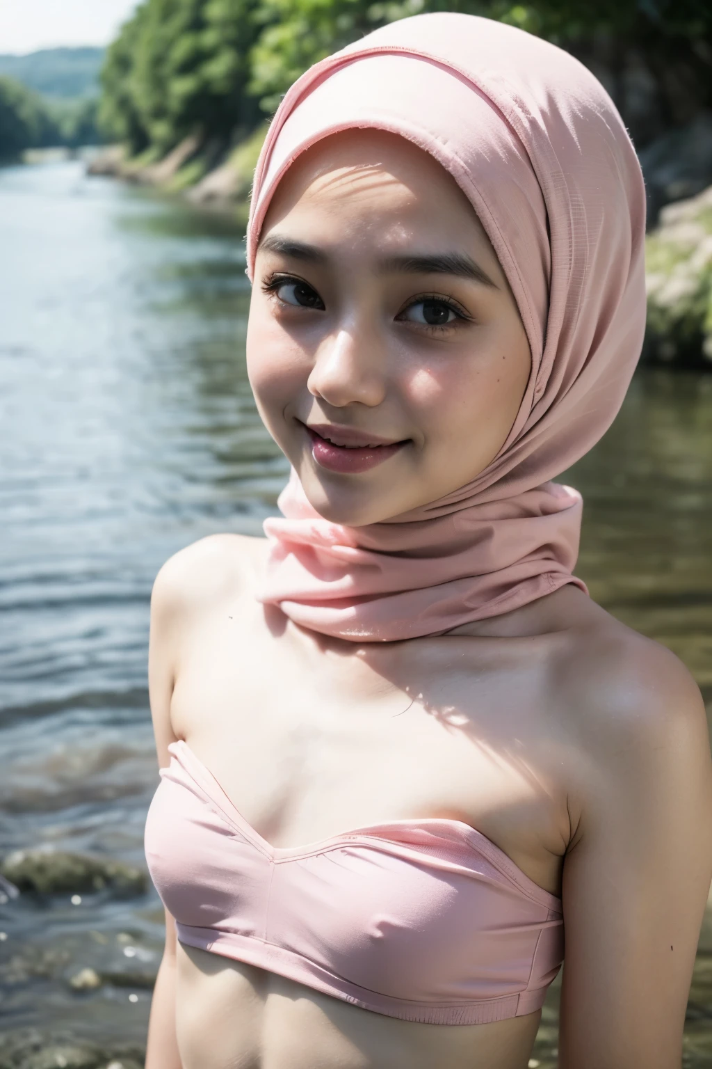 (strapless Colourful bra, (floral pattern), ((Happy Smile)), Naked singlet (((HIJAB MALAY GIRL))), masutepiece, High quality, UHD 32K, Realistic face, Realistic skin feeling , A Japanese Lady, 8 , , Very cute and baby-like face, (((FLAT CHEST))), (MATRIX WORLD), ((look In front  at the camera and SADNESS)), ((())), (((CUTE GIRL))), ((PINK LIPS)), ((CHUBBY)), (undress, at river