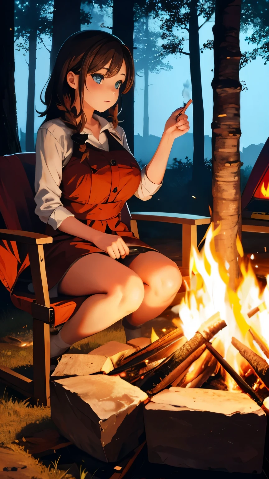 ((best quality)), ((masterpiece)), (detailed), perfect face, 18yo teen girl, skinny waist, skinny thighs, (((embarrassed:1.5)), (((blushing:1.3))), (((topless))), white pyjama shorts, ((campfire at night)), standing, brown hair, ponytail, ((arms behind head)), bare feet