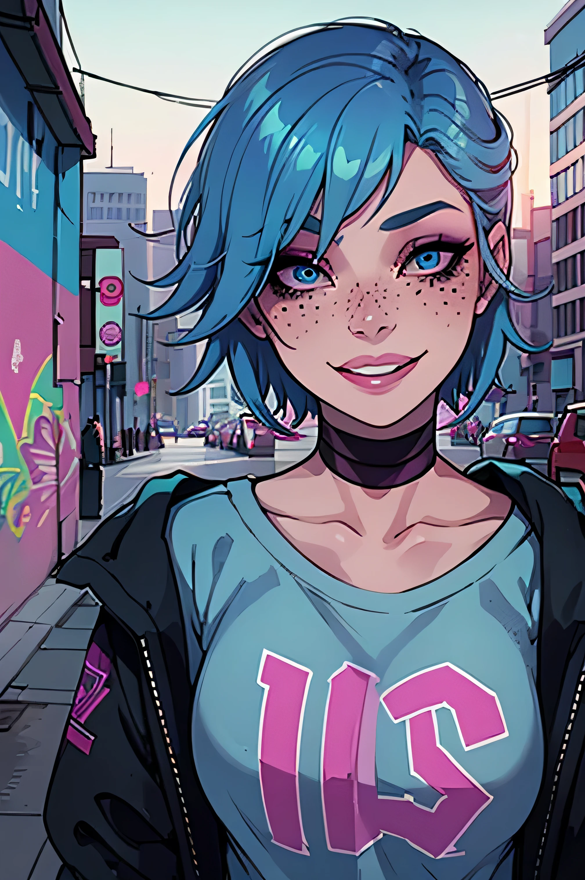 Masterpiece, best quality, 23 years old, college student, centered in frame, portrait, female, tattoos, super pale skin, friendly expression, laughing, pink lips, short light pastel blue hair, city landscape, graffiti, blue eyes, wears bright makeup,black freckles, beautiful, grunge, alt-girl, fishnet shirt, eyeshadow