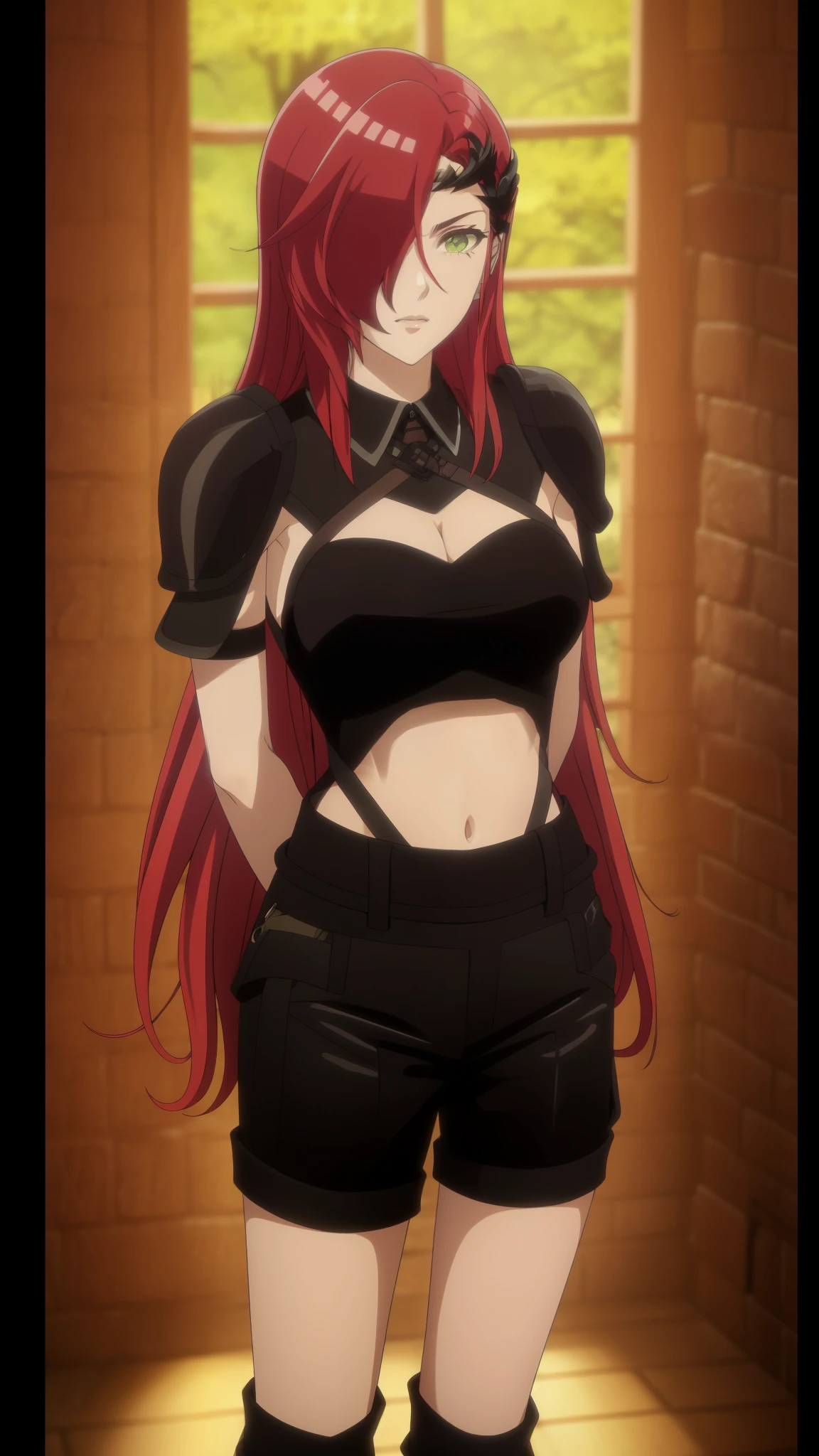 sisro, anime, a woman, long red hair which covering her right eye, green eye, black hair ornament, black adventure exposing body top, midriff, black gauntlets, black shoulder pads, teenie black jeans,  8k, 16k,trending on pixiv, fanbox, skeb, masterpiece, detailed face, smooth soft skin, beautiful intricate colored hair, digital painting, (hand in front), ((stocks)), upset, medieval fantasy background, (upper body)