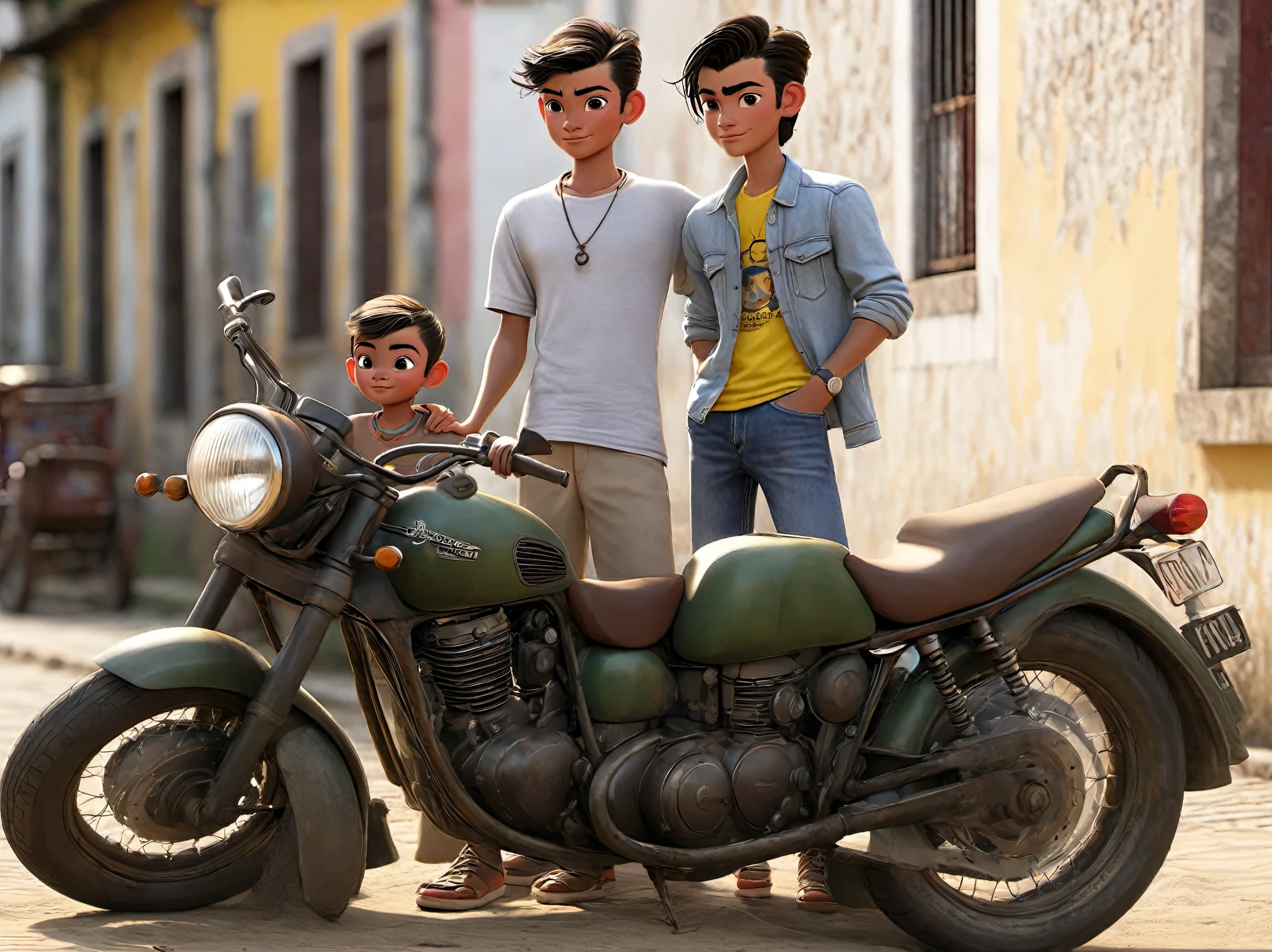 There is a man and a boy who are posing for a photograph, with a kid, imagem de qualidade muito baixa, mateus 9 5, fotografia, ney matogrosso with malice, Directed by: David Ruby, fotografia de baixa qualidade, 4 k post, Postagem 4k, Fotografia selfie 8k, com octanagem,  post, fotografia de perfil 1024px