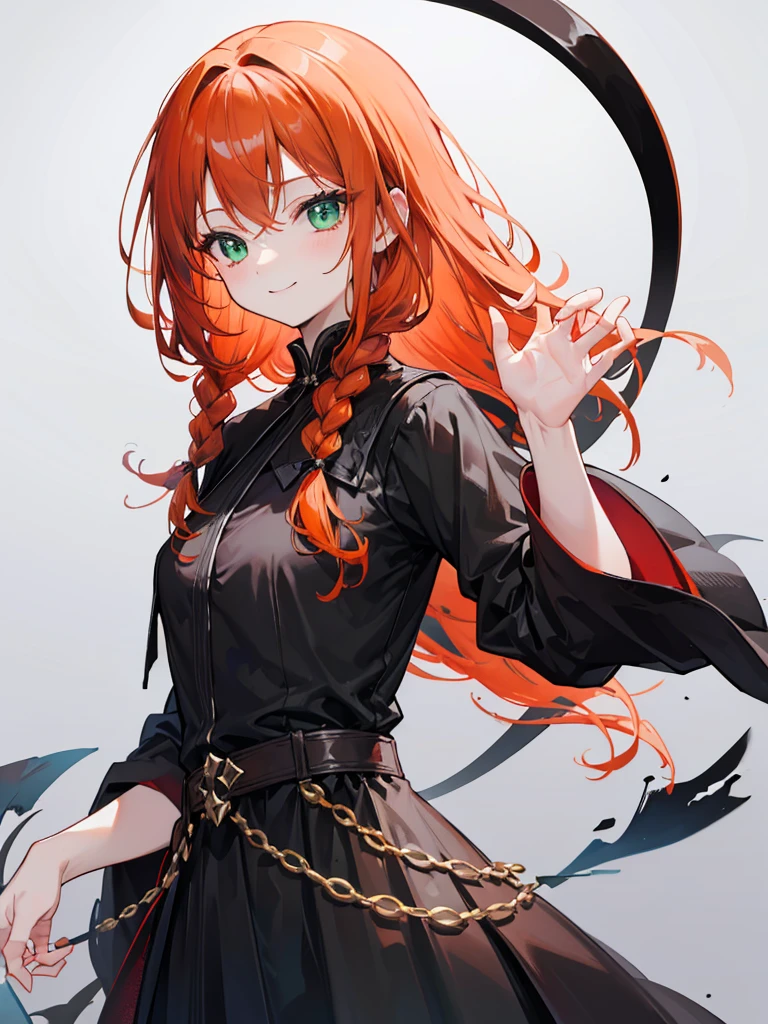 Dark orange hair、Green Eyes、Braid、smile、Black Dress、witch、mysterious、gem、White background