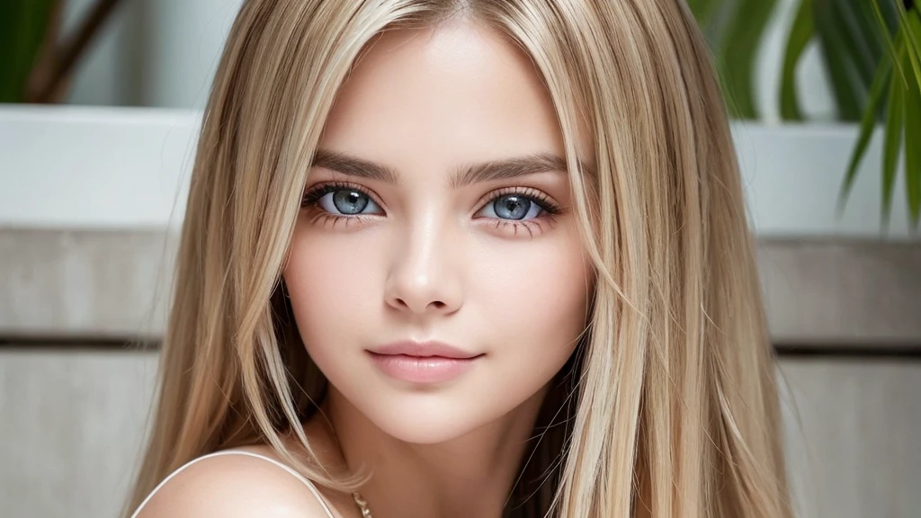 Authentic photo quality、cara muy linda、Extraordinaria belleza sexy、beautiful calm and bright expression、Aspecto refrescante y sexy.、Flequillo largo que cae sobre una cara linda y hermosa perfecta.、super long blonde hair, liso y sedoso que brilla intensamente.、hermoso rostro y cabello rubio、muy linda hermosa mujer joven sexy、Cara linda muy perfecta y hermosa.、Hermosos ojos azul cielo brillantes、ojos muy grandes、cabello dorado muy grande encima de un ojo、rubia entre los ojos、Piel blanca muy radiante、Teca Brillo、delineador de ojos、A small smile、piel brillante