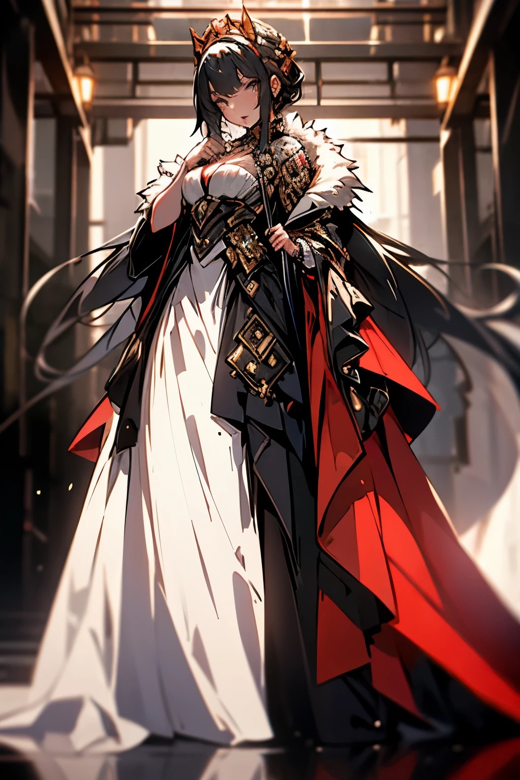 a princess in a red gold and black ball gown, going from neck to feet, with full skirt, a long fur cape, hair curled in a high ponytail, red lips, blue eyes, detailed eyes and lips