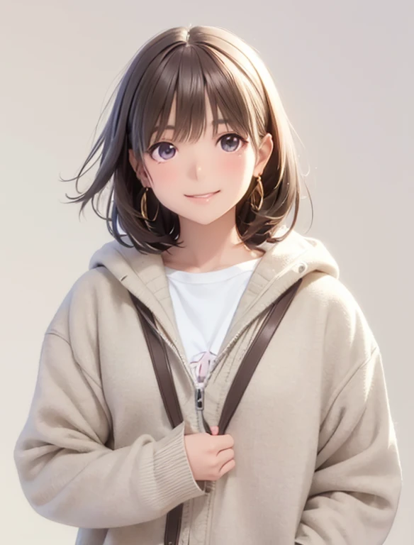 High resolution,In 8K,highest quality,detailed,Semi-realistic anime,Anime 3D Style,Smooth anime CG,One Girl,19-year-old woman in Japan,slim,Modeled,Shiny brown hair,Medium Hair,detailedな顔,Beautiful and detailed,Glowing Skin,Earrings Beautiful,straggling hair,Angelic hairstyle,Small breasts,((Smiling gently)),(Round eyes Slightly large eyes),((Mouth open))