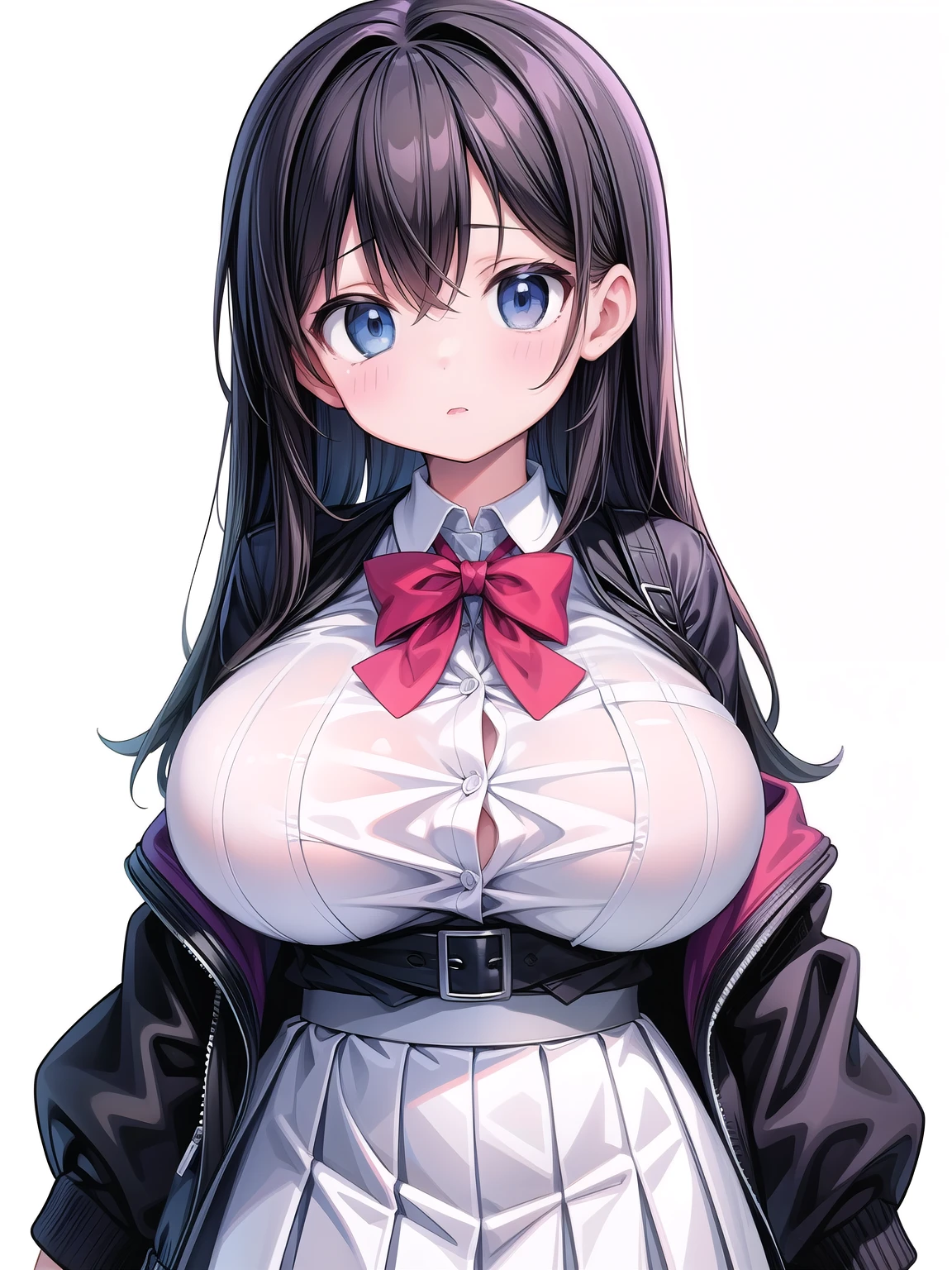 (girl), (huge breasts) (pixiv masterpiece:1.2), (white background:1.0), (solo:1.1), (school uniform:1.0)