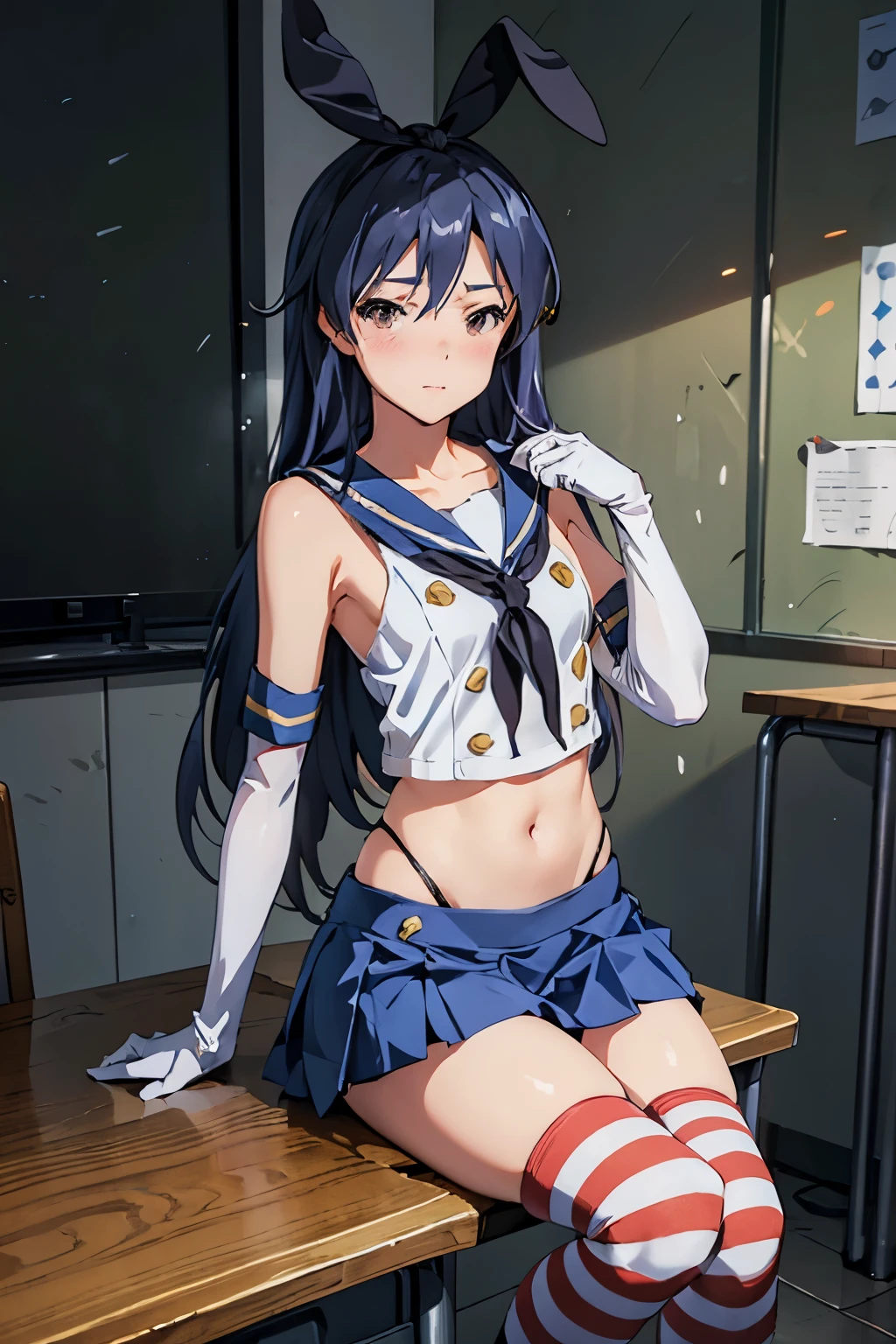  (masterpiece, best quality:1.4), official art, extremely detailed CG, unity 8k wallpaper, ultra detailed, solo, 1girl, chihaya kisaragi, (delicate eyes and face), long hair, dark blue hair, asymmetry bangs, brown eyes, bashful, (flat ?????:1.1), looking at viewer,  (full-face blush), embarrassed, BREAK, cowboy shot and knee, Slender beauty, shimakaze \\(kancolle\\), elbow gloves, striped thighhighs, highleg panties, blue pleated skirt, boots, (head ribon:1.2), classroom, indoors, 